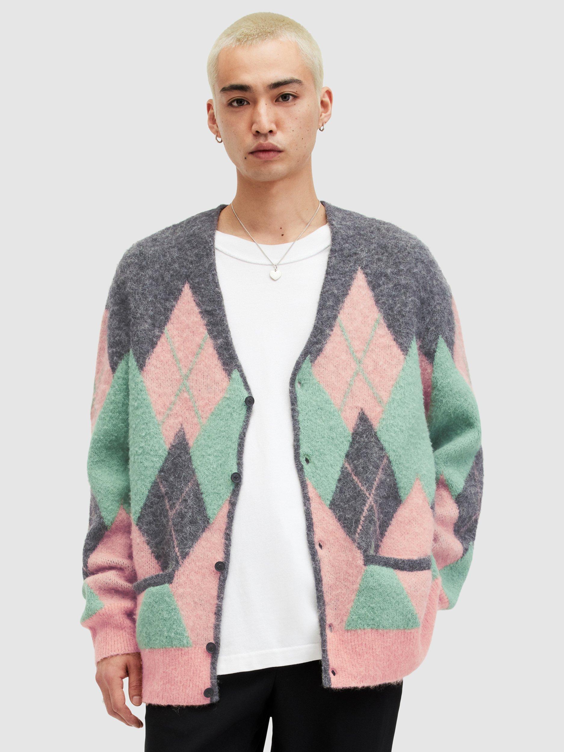 AllSaints Harley Wool Blend Cardigan, Charcoal/Pink