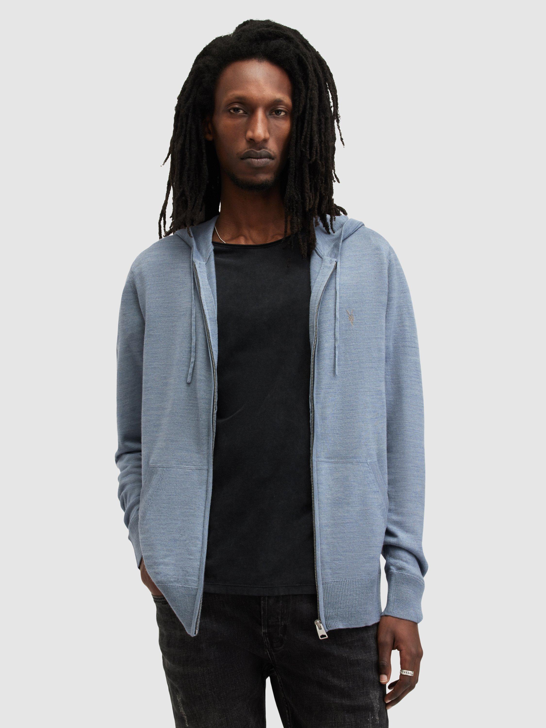 AllSaints Mode Merino Zipped Hoodie, Dusty Blue