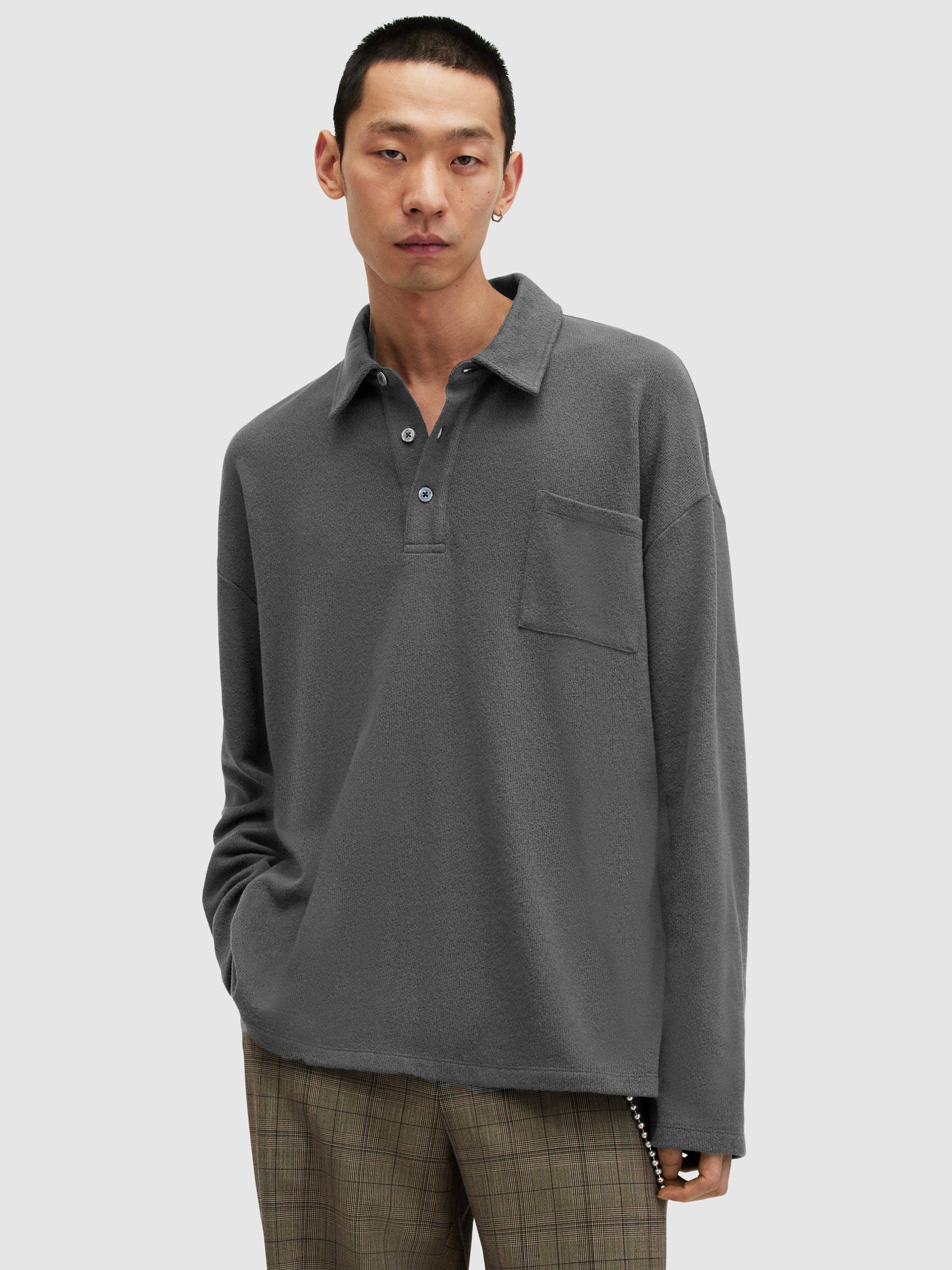 AllSaints Eris Long Sleeve Polo Shirt, Washed Black