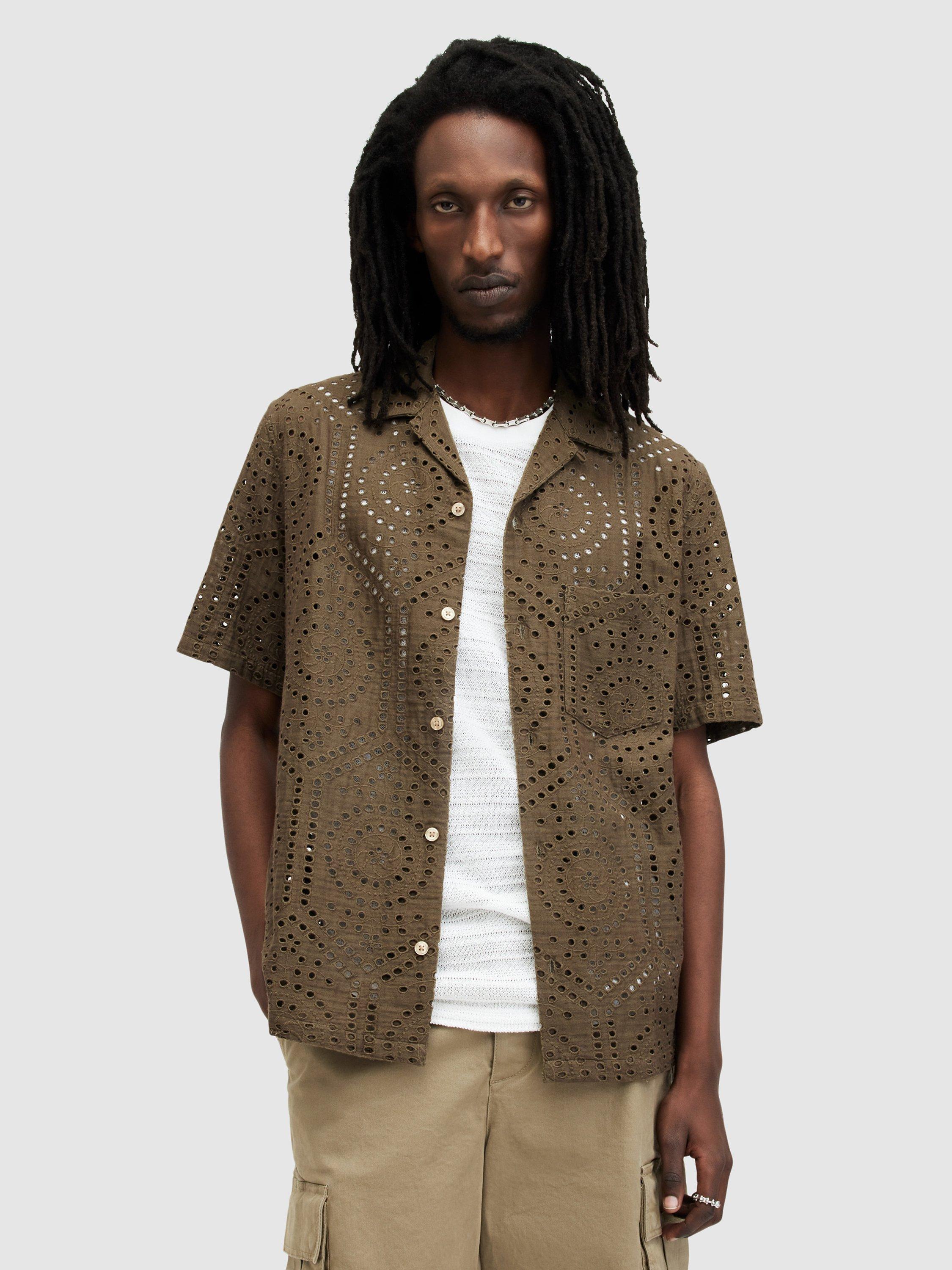 AllSaints Pueblo Short Sleeve Broderie Shirt, Ash Khaki Green