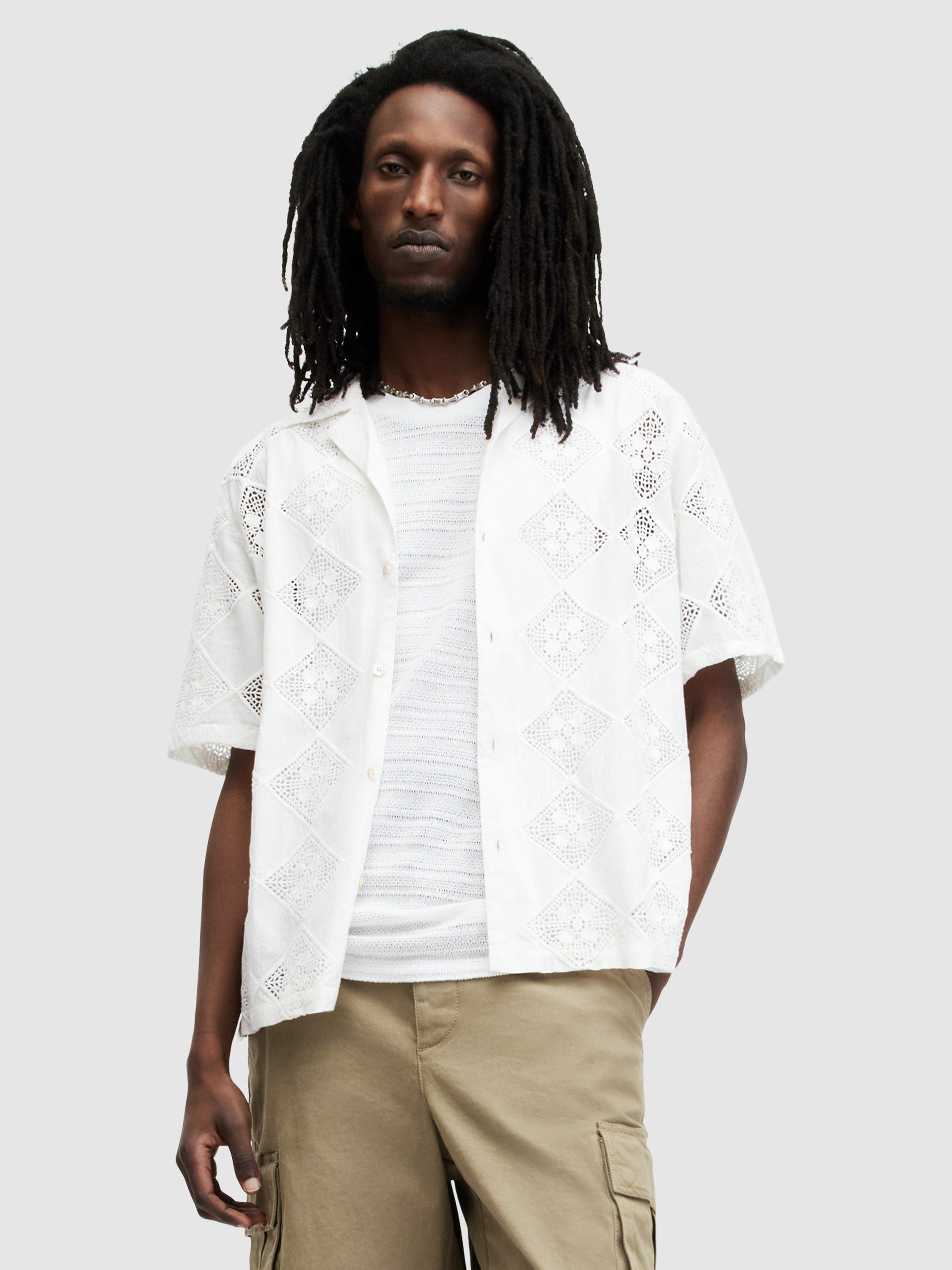 AllSaints Vista Organic Cotton Short Sleeve Embroided Shirt, Oatmeal White