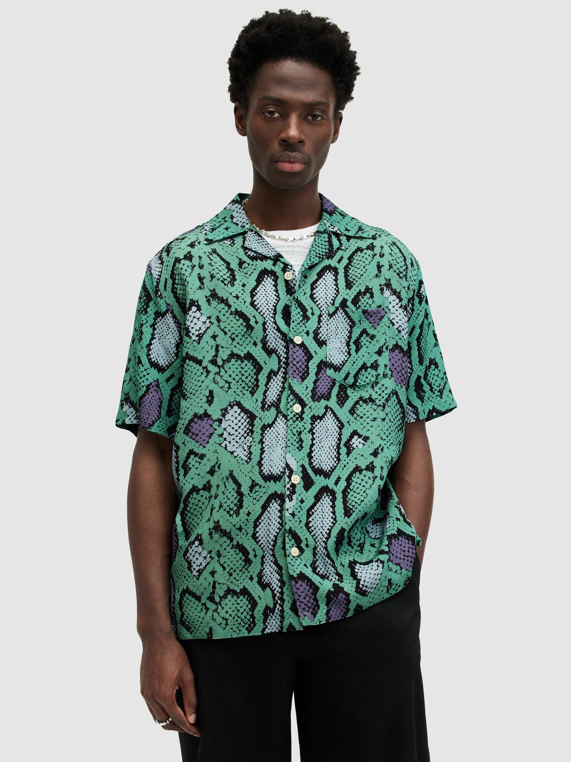 AllSaints Serpenz Short Sleeve Shirt, Green/Multi