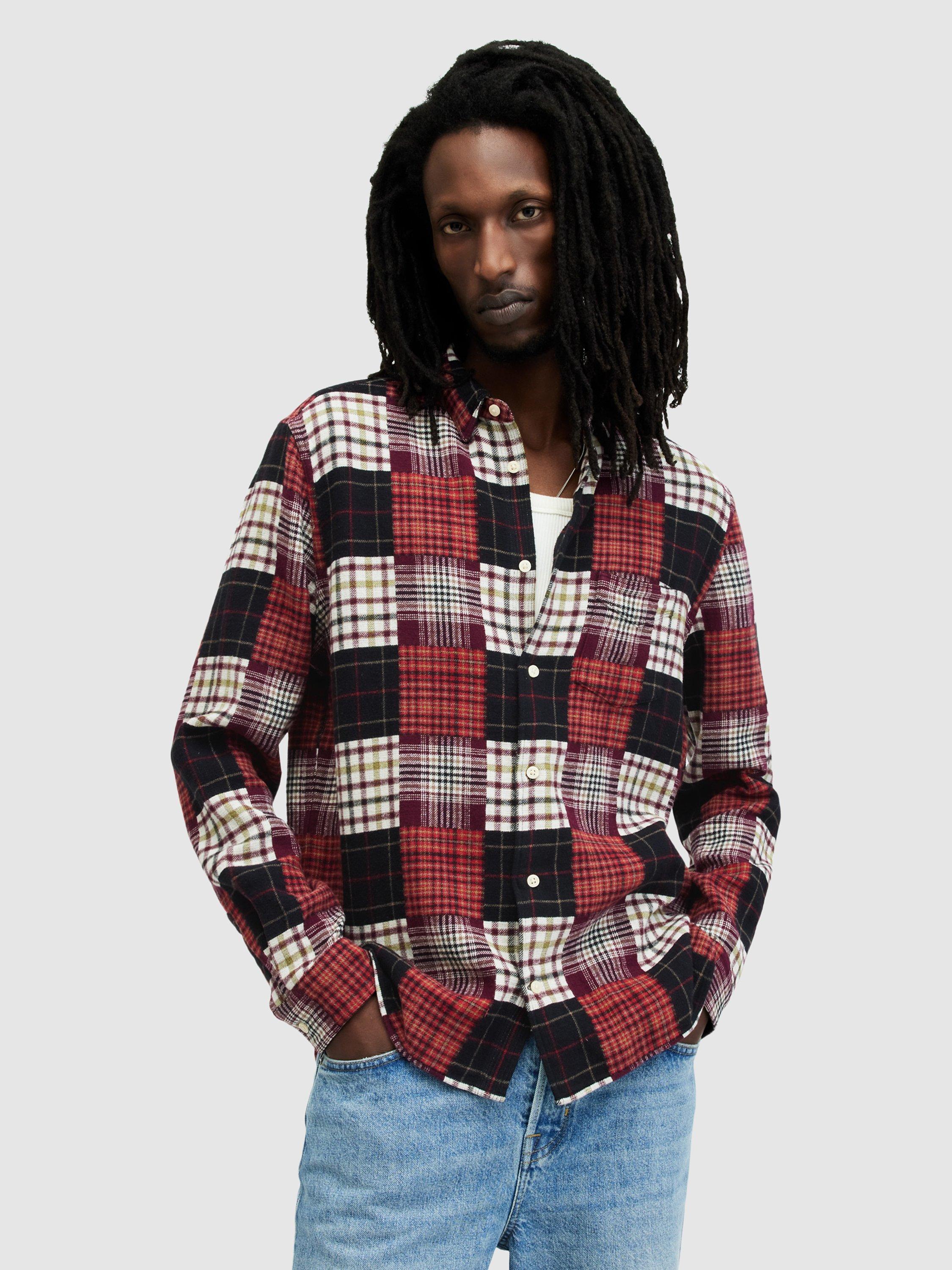 AllSaints Patchi Check Print Organic Cotton Shirt, Sangria Red