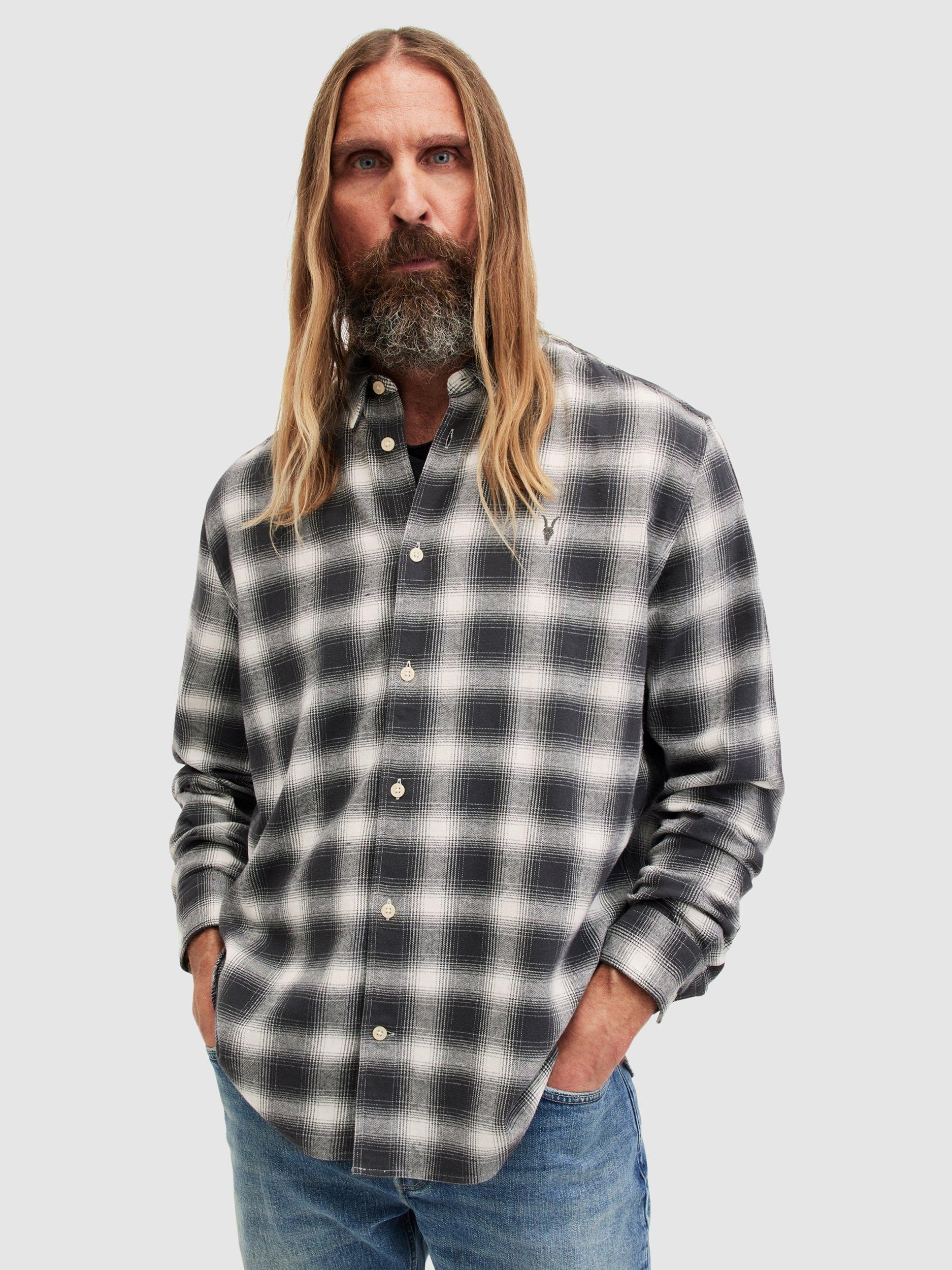 AllSaints Palpaso Organic Cotton Blend Check Shirt, Oatmeal/Washed Black