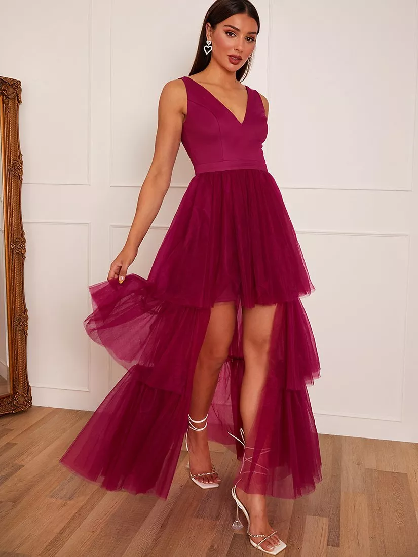 Chi Chi London Tulle Dip Hem Tiered Dress Berry