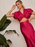Chi Chi London Frill Sleeve Satin Twist Crop Top, Pink