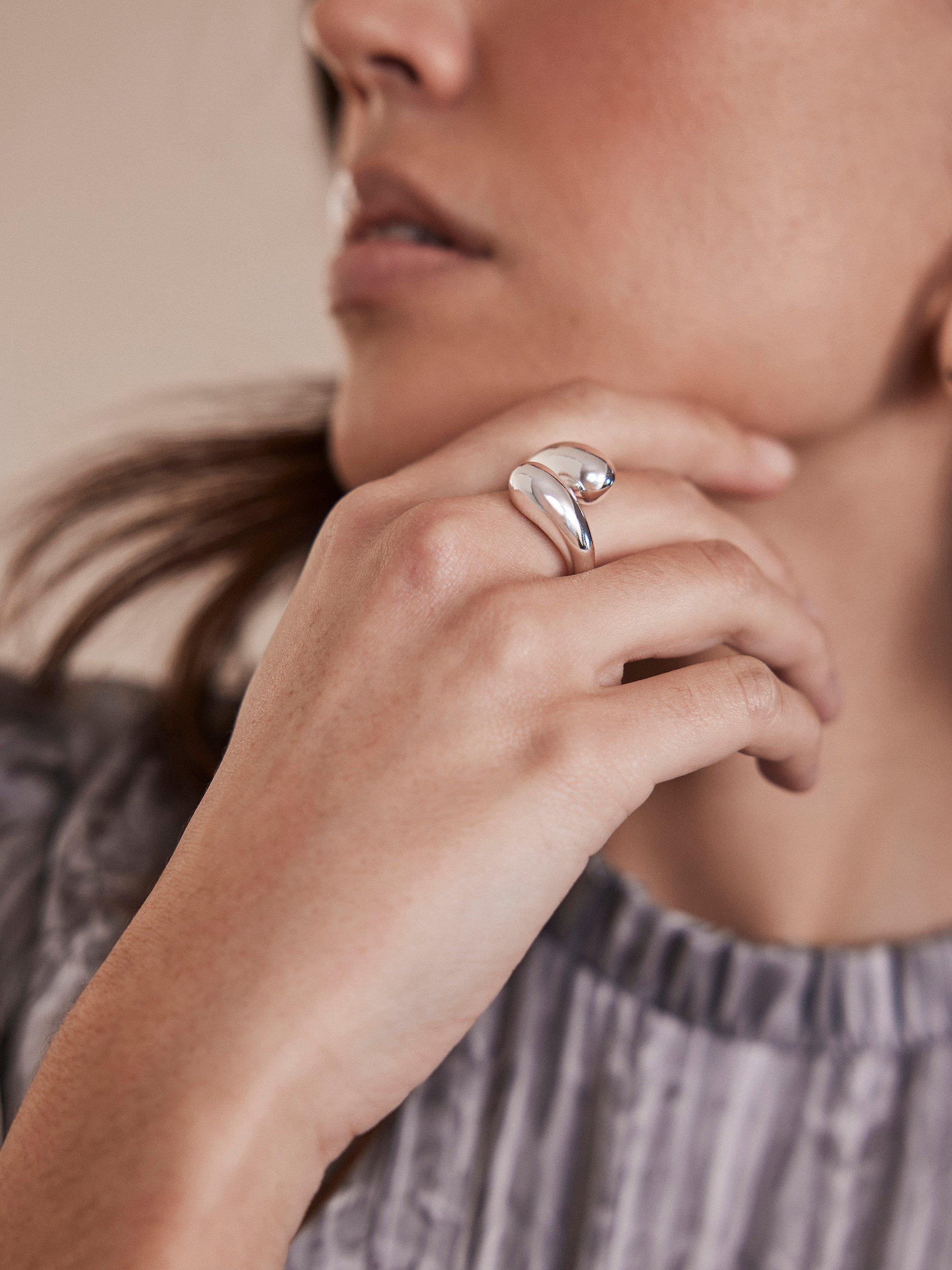 Product image 1 of 4, which shows Mint Velvet Polished Curved Ring, Silver, S-M