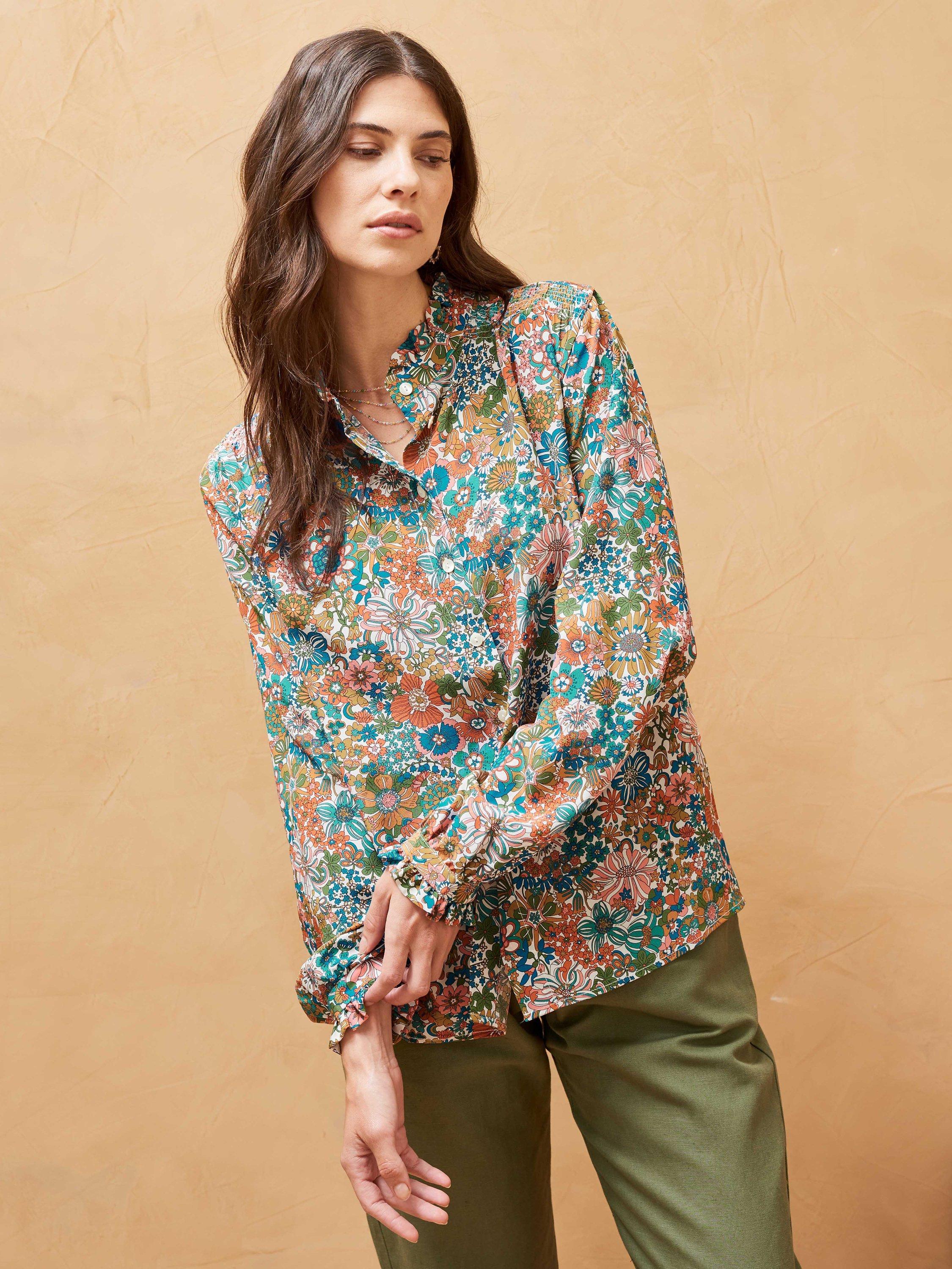 Brora Liberty Floral Print Pie Crust Collar Silk Shirt, Ocean Jungle