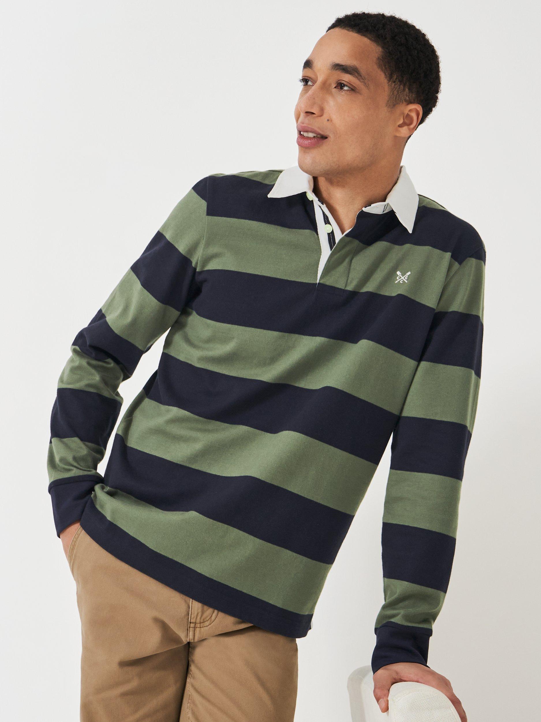 Product image 1 of 6, which shows Crew Clothing Heritage Stripe Rugby Shirt, Olive Green, XXL