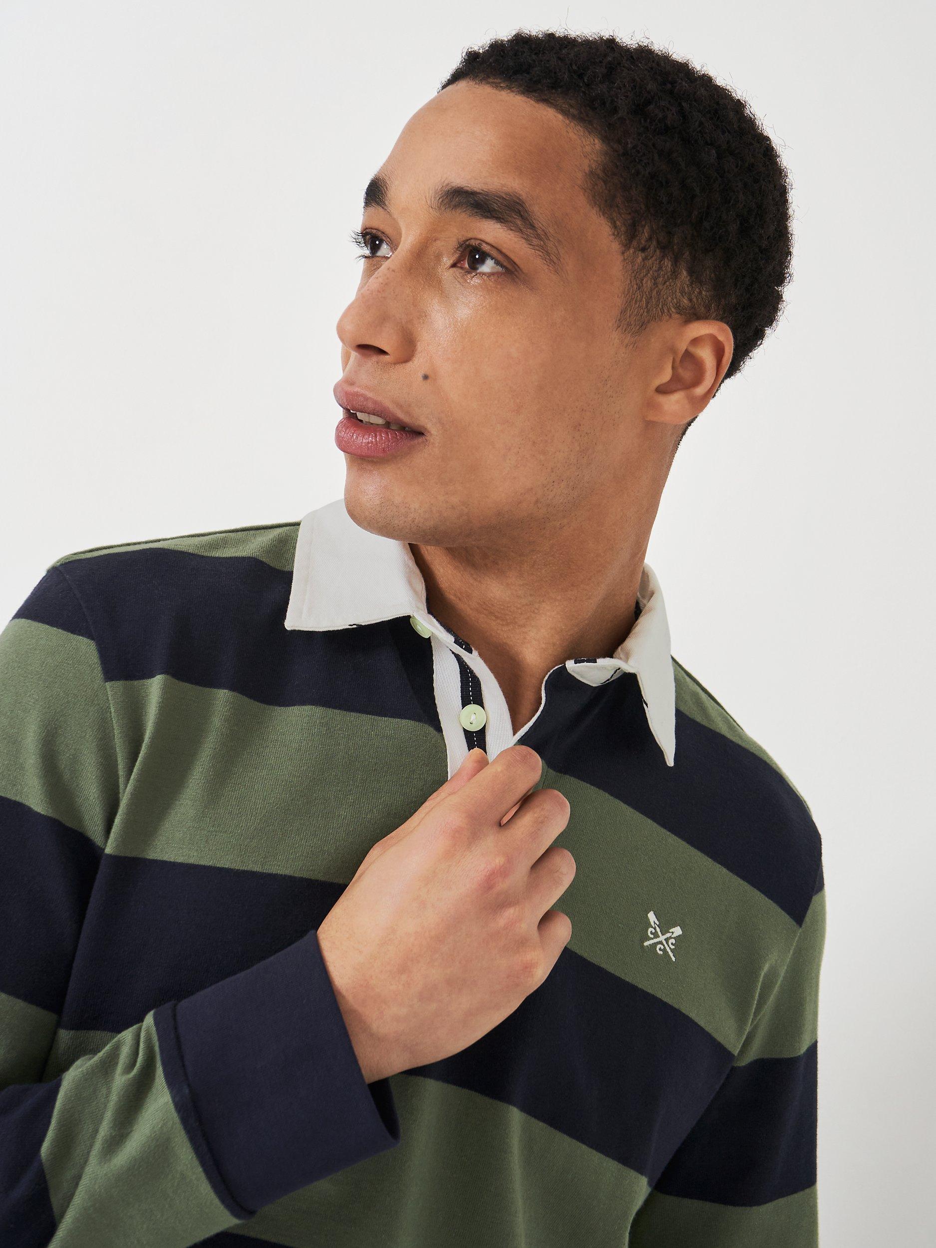 Product image 6 of 6, which shows Crew Clothing Heritage Stripe Rugby Shirt, Olive Green, XXL