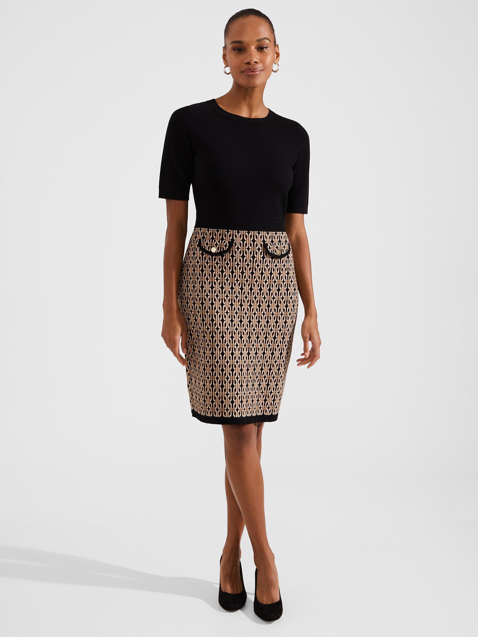 Hobbs Perrie Abstract Print Knitted Dress Black Camel