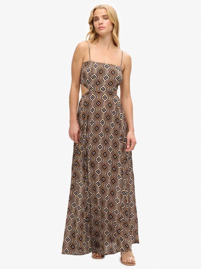 Product image 1 of 6, which shows Superdry Sheered Back Geometric Print Maxi Dress, Brown/Multi, 12