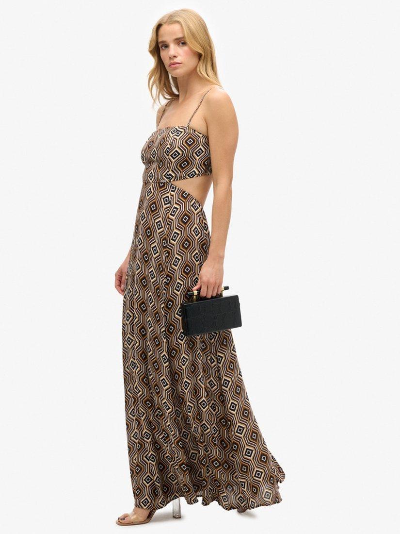 Product image 2 of 6, which shows Superdry Sheered Back Geometric Print Maxi Dress, Brown/Multi, 12