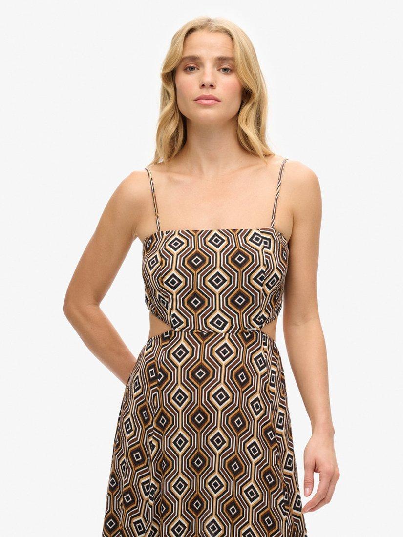 Product image 4 of 6, which shows Superdry Sheered Back Geometric Print Maxi Dress, Brown/Multi, 12