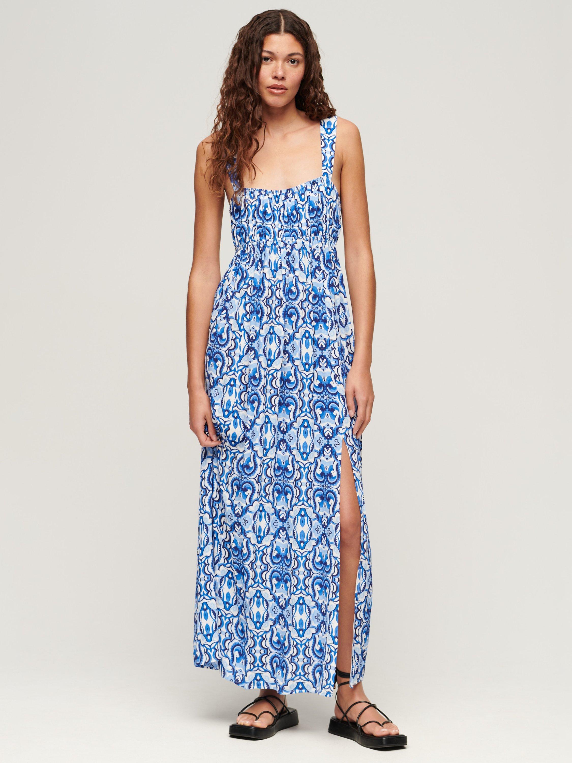 Superdry Tie Back Abstract Print Maxi Dress, Blue/White