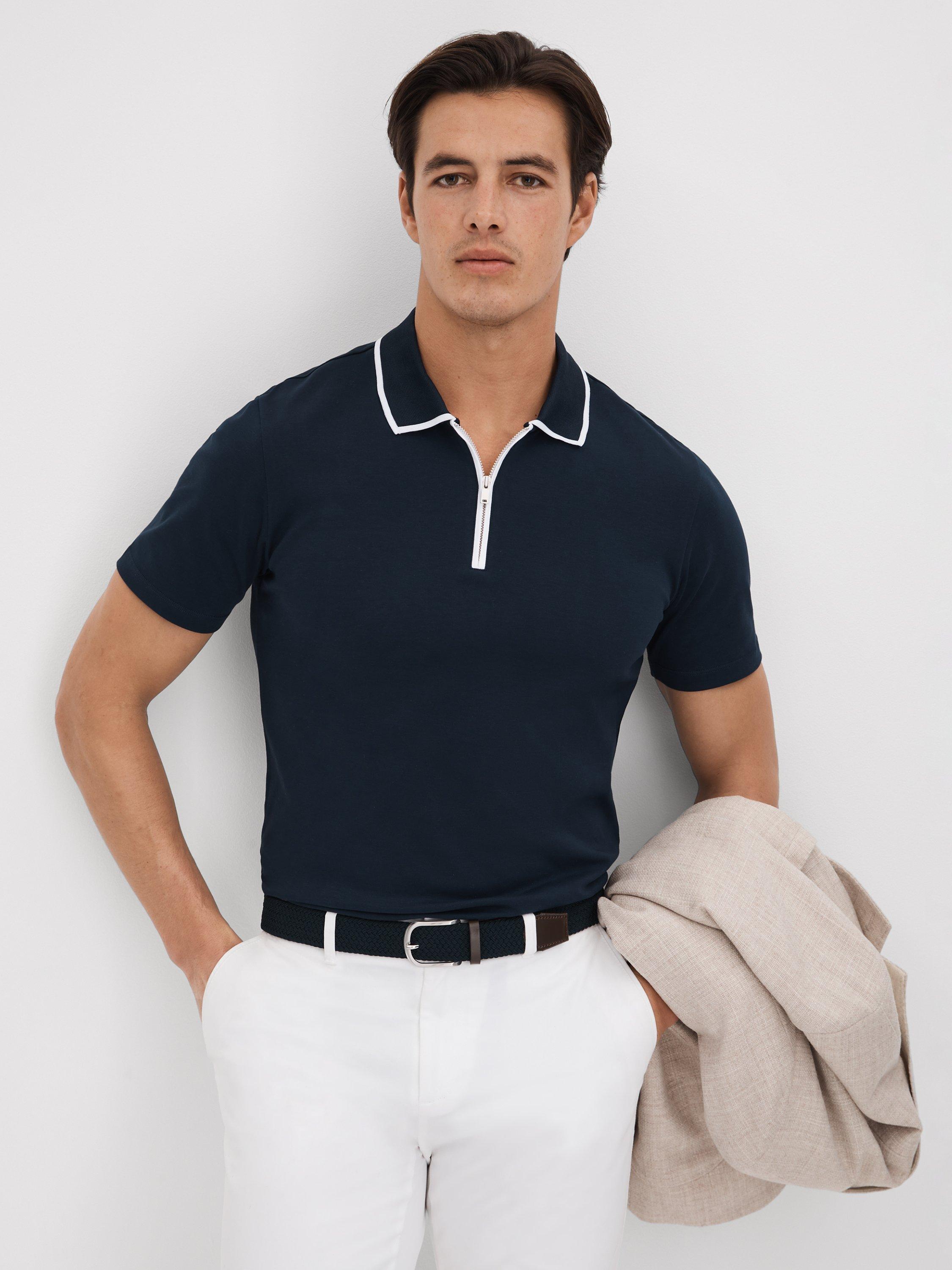Reiss Cannes Short Sleeve Cotton Ribbed Polo Shirt, Navy