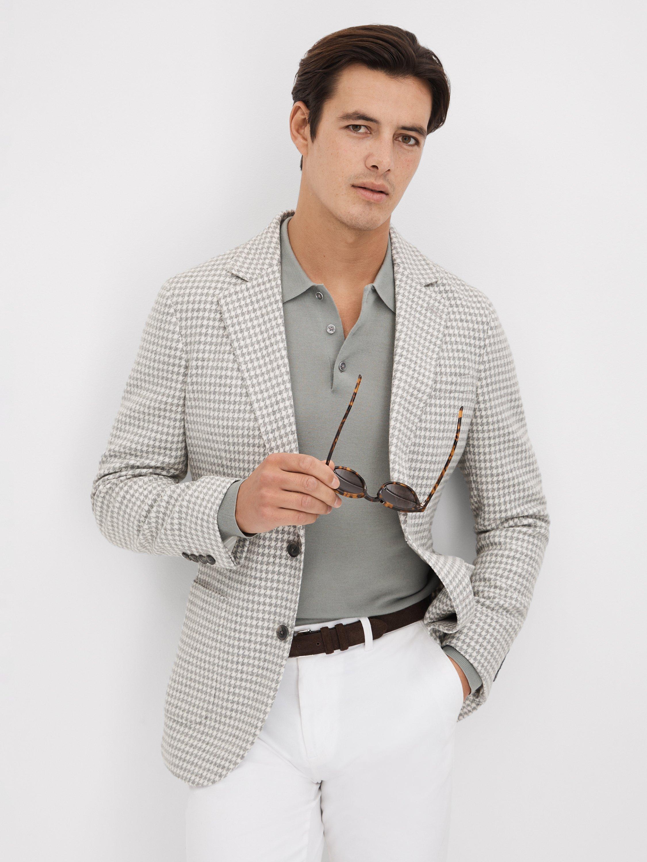 Reiss Nite Tailored Fit Dogtooth Print Blazer, Grey
