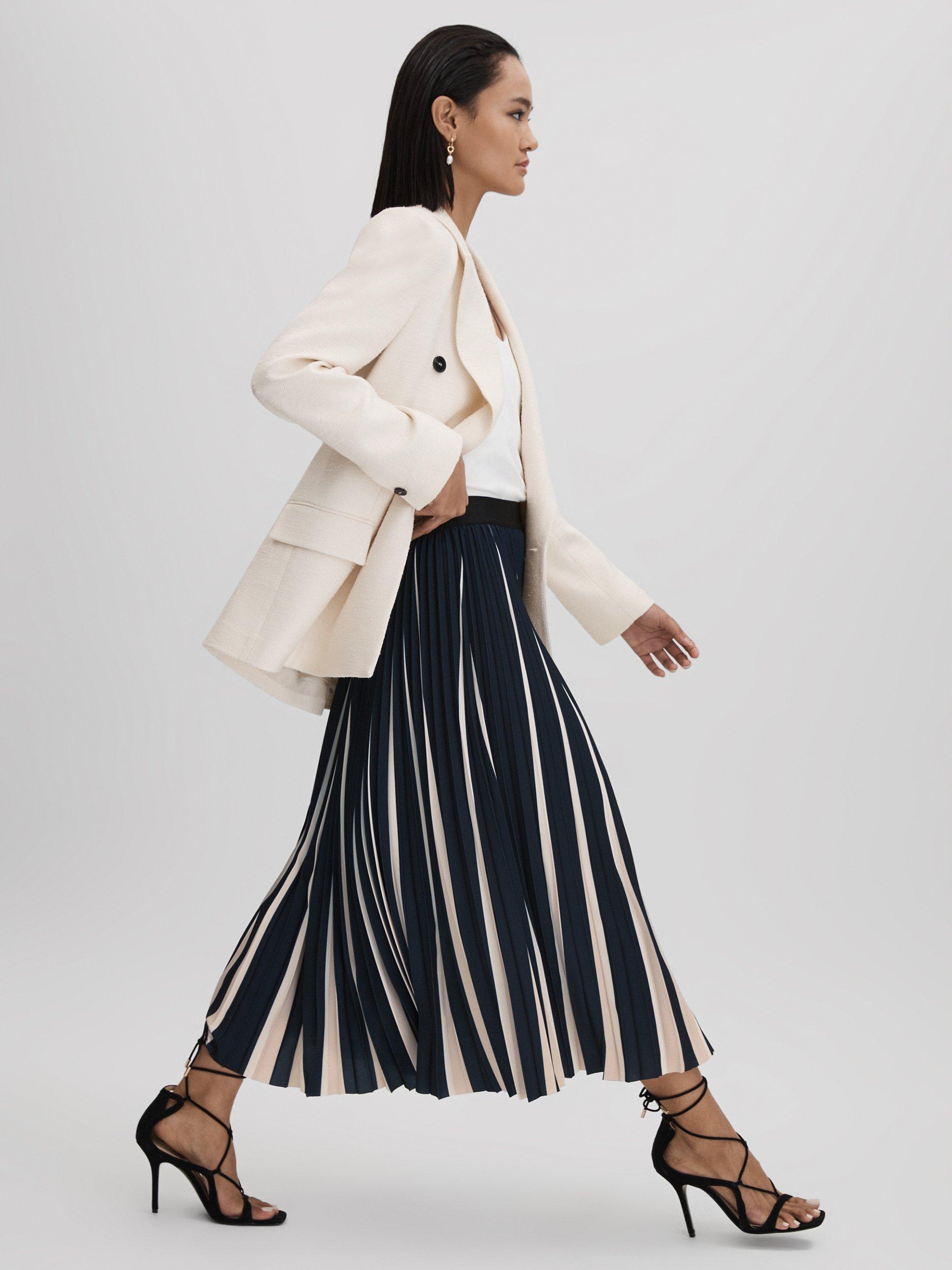 Reiss Saige Midi Plisse Skirt, Navy/Cream