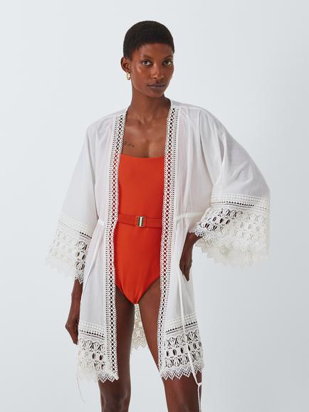 John Lewis Lace Trim Cotton Kaftan, Ecru