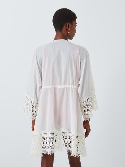 John Lewis Lace Trim Cotton Kaftan - view 2, Ecru