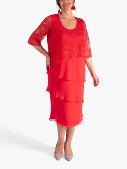 chesca Floral Lace Trim Midi Layered Dress, Poppy, Poppy