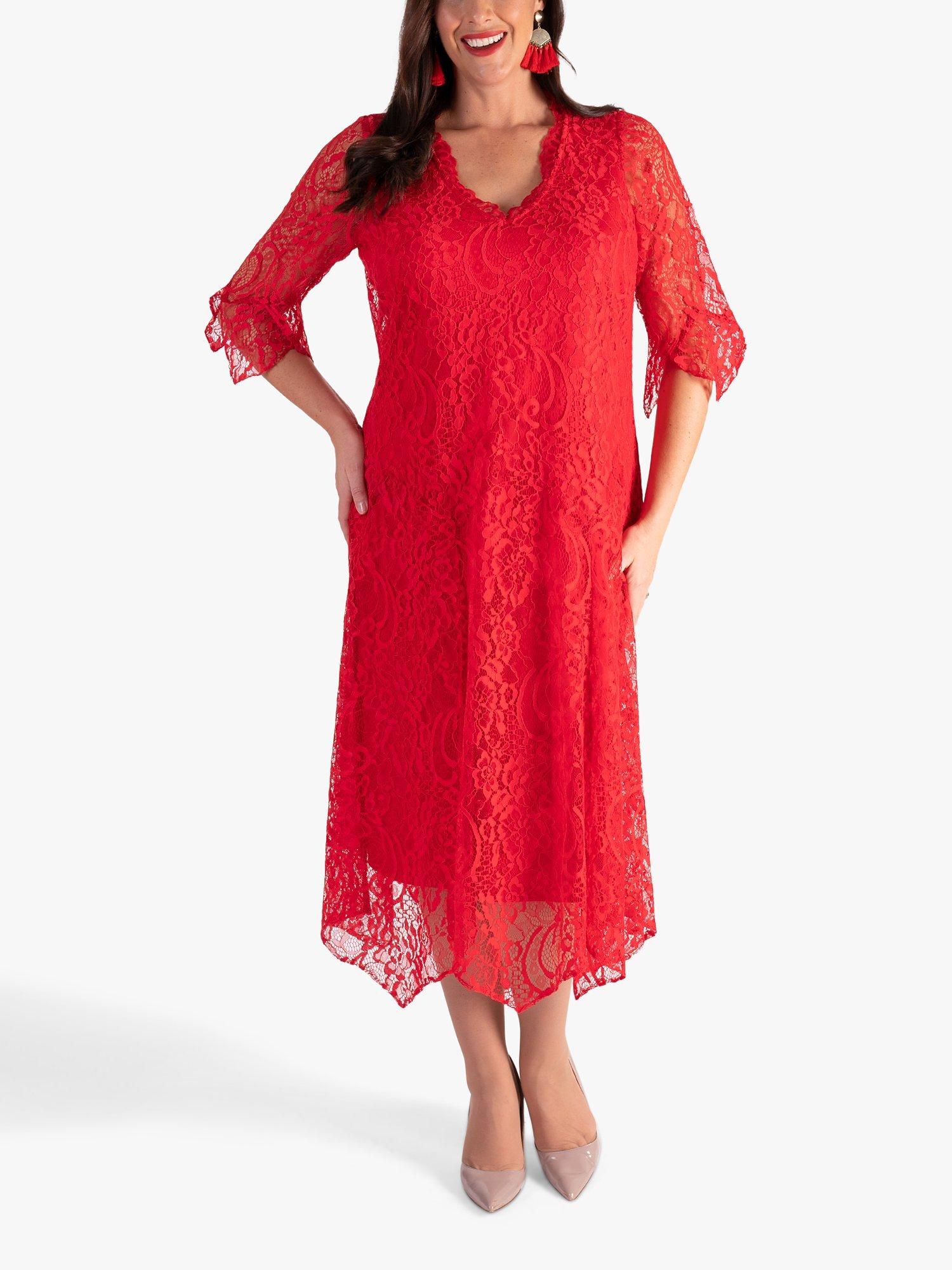 chesca Lace Scallop V Neck Midi Dress Poppy