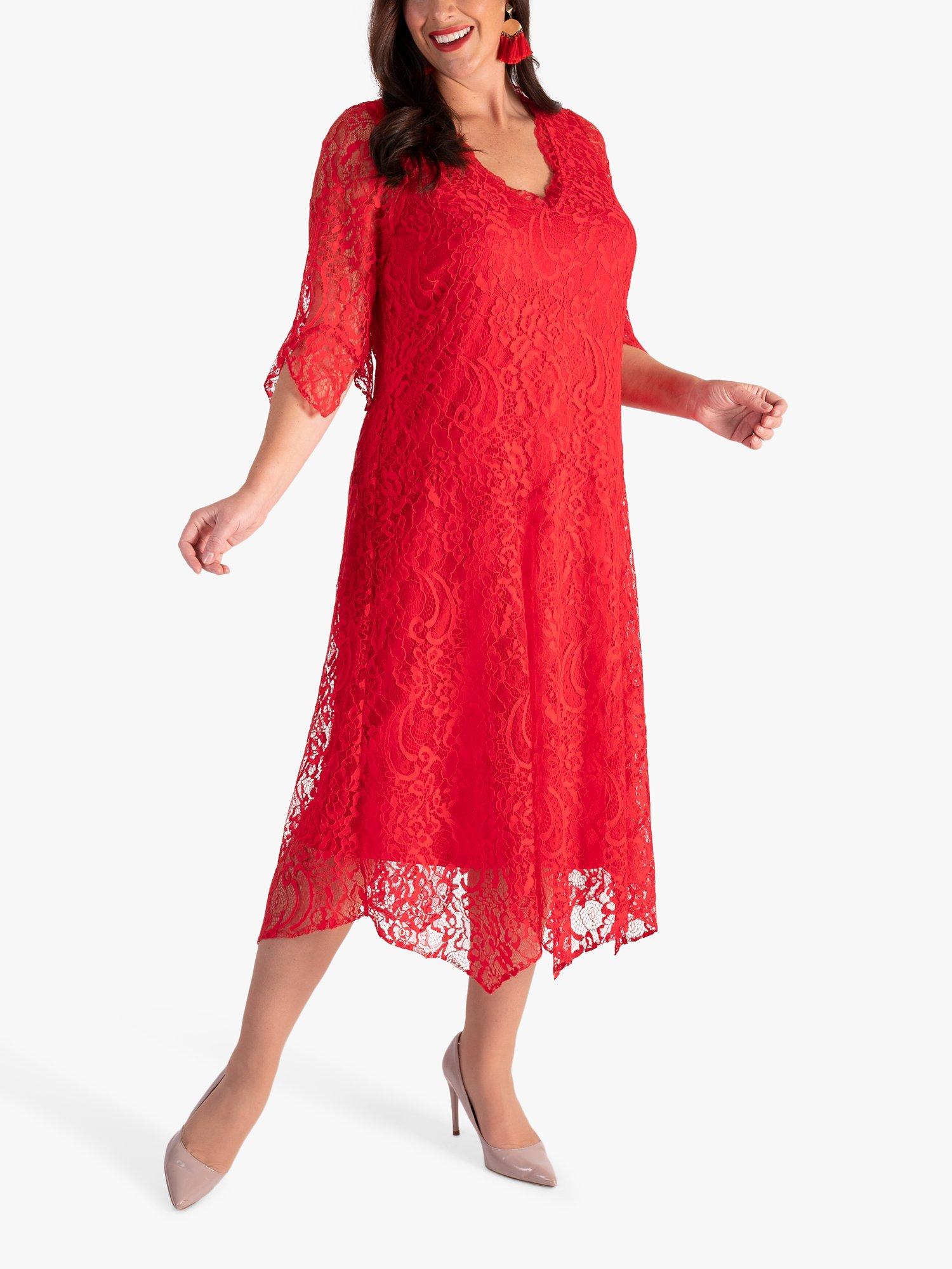 Product image 3 of 6, which shows chesca Lace Scallop V Neck Midi Dress, Poppy, 14