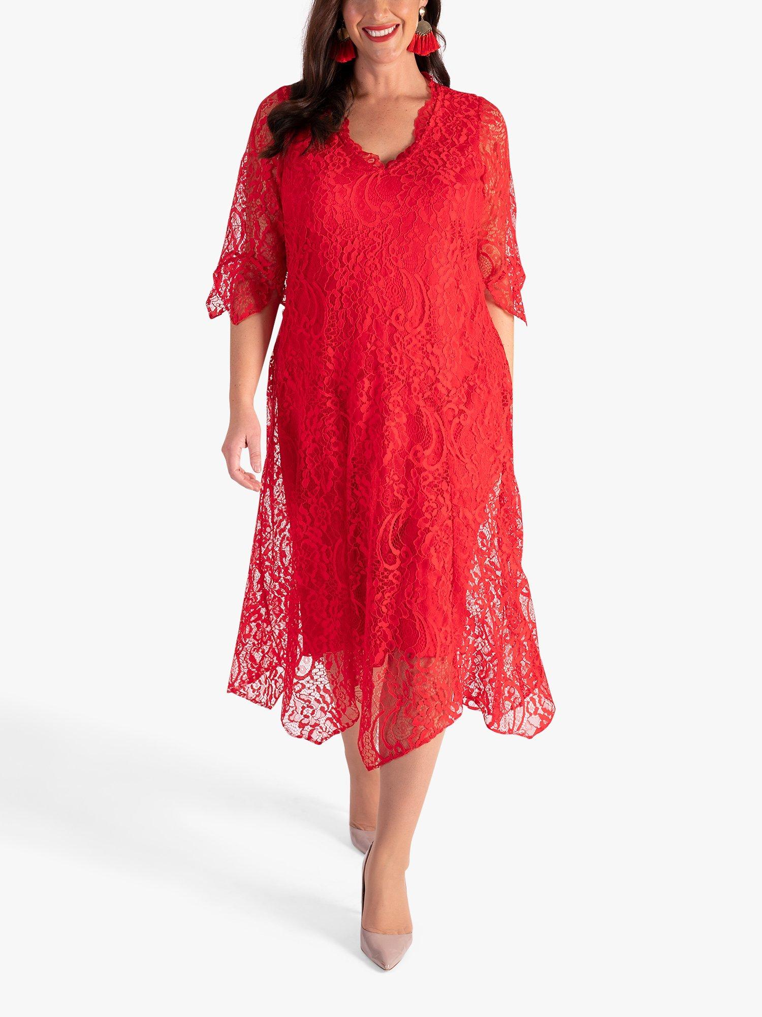 Product image 4 of 6, which shows chesca Lace Scallop V Neck Midi Dress, Poppy, 14