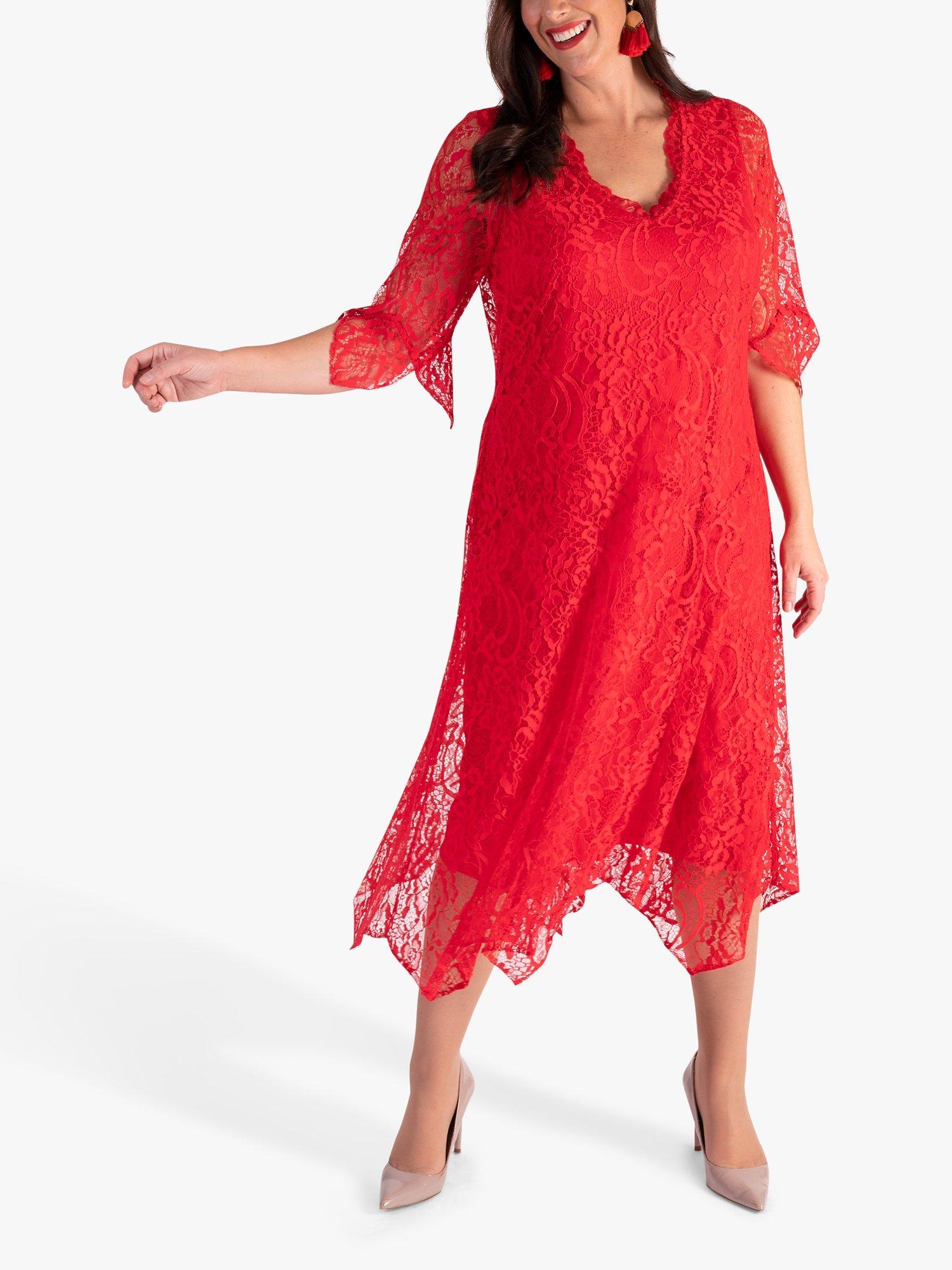 Product image 5 of 6, which shows chesca Lace Scallop V Neck Midi Dress, Poppy, 14