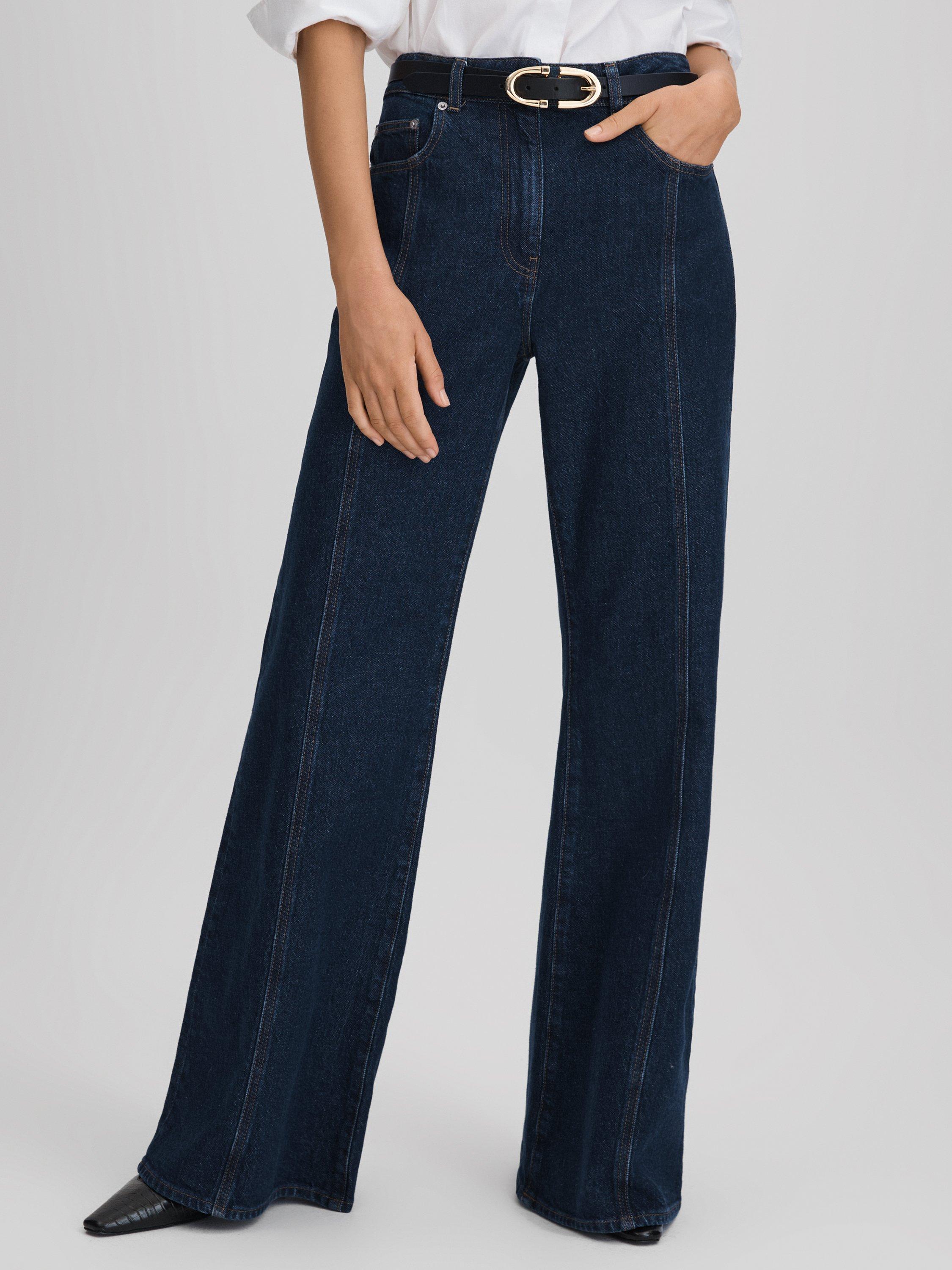 Product image 1 of 5, which shows Reiss Petite Juniper Flared Jeans, Dark Blue, 27