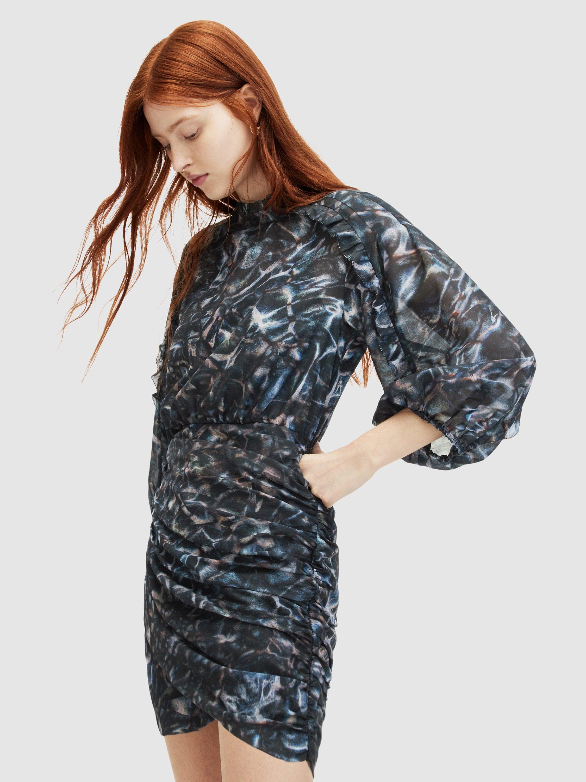 AllSaints Harlee Caladesi Print Ruffle Mini Dress, Petrol Blue