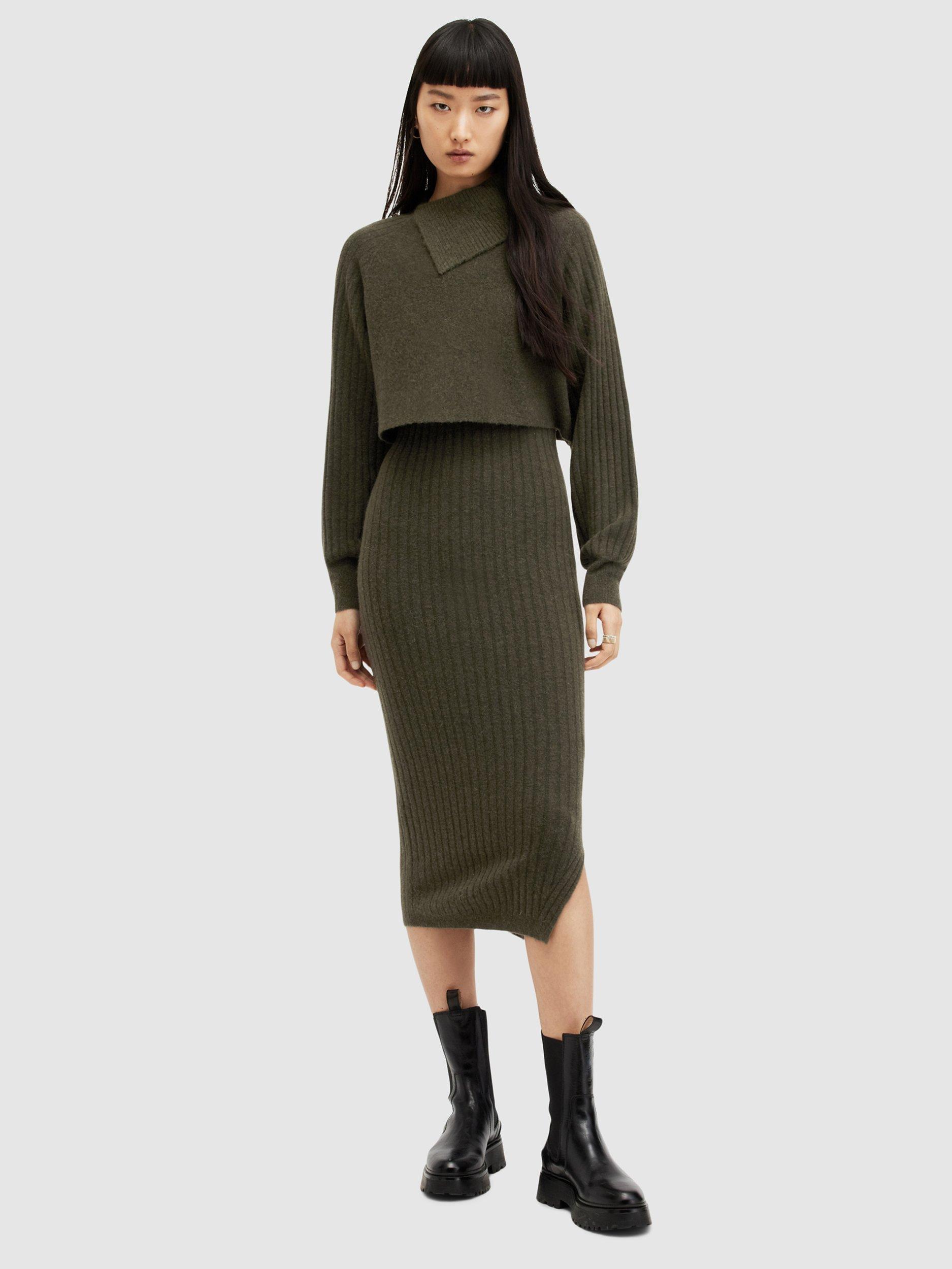 AllSaints Margetta 2-in-1 Rib Knit Midi Dress, Khaki