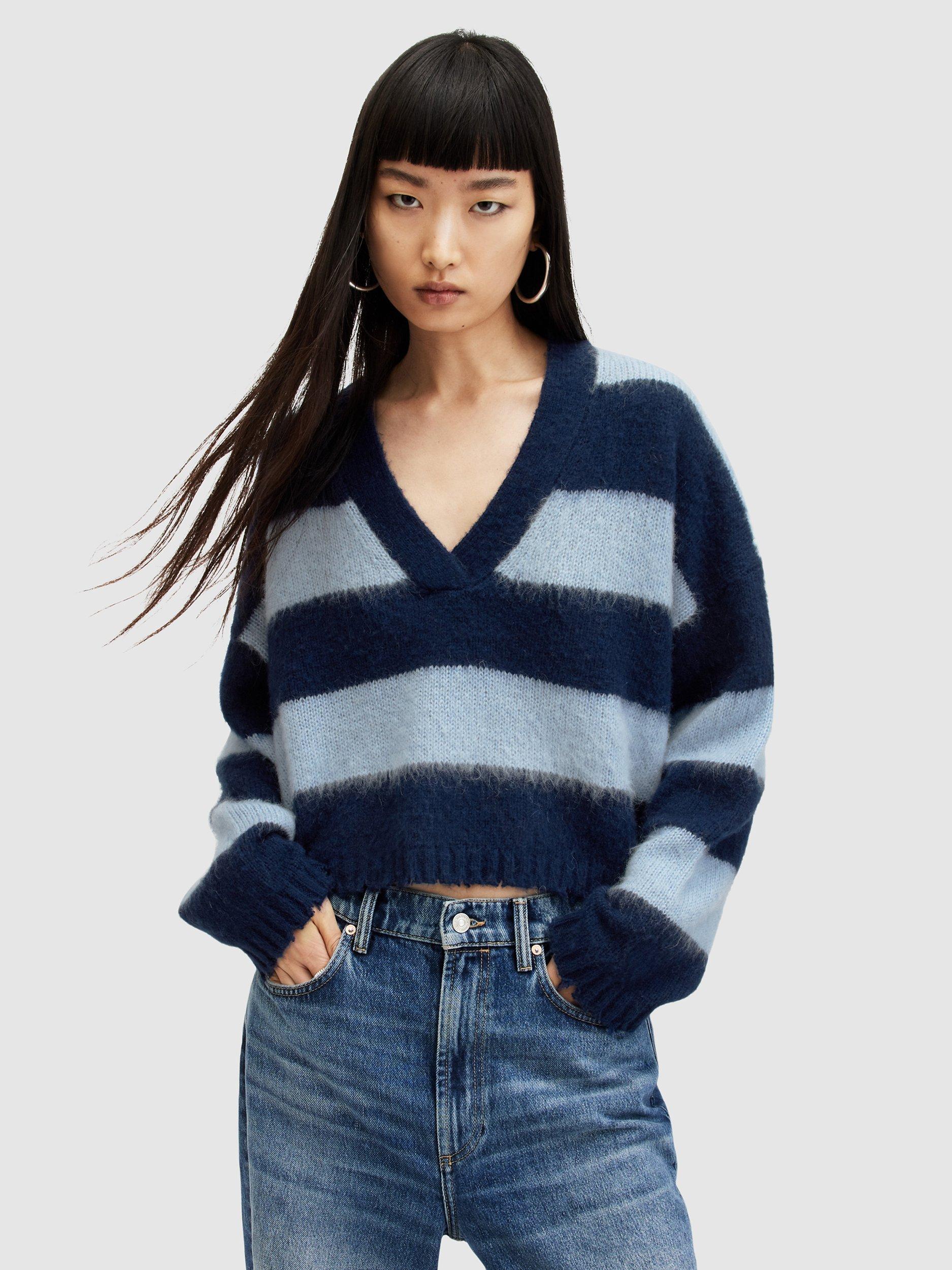AllSaints Lou Cropped Wide Stripe V Neck Jumper, Indigo/Pale Blue