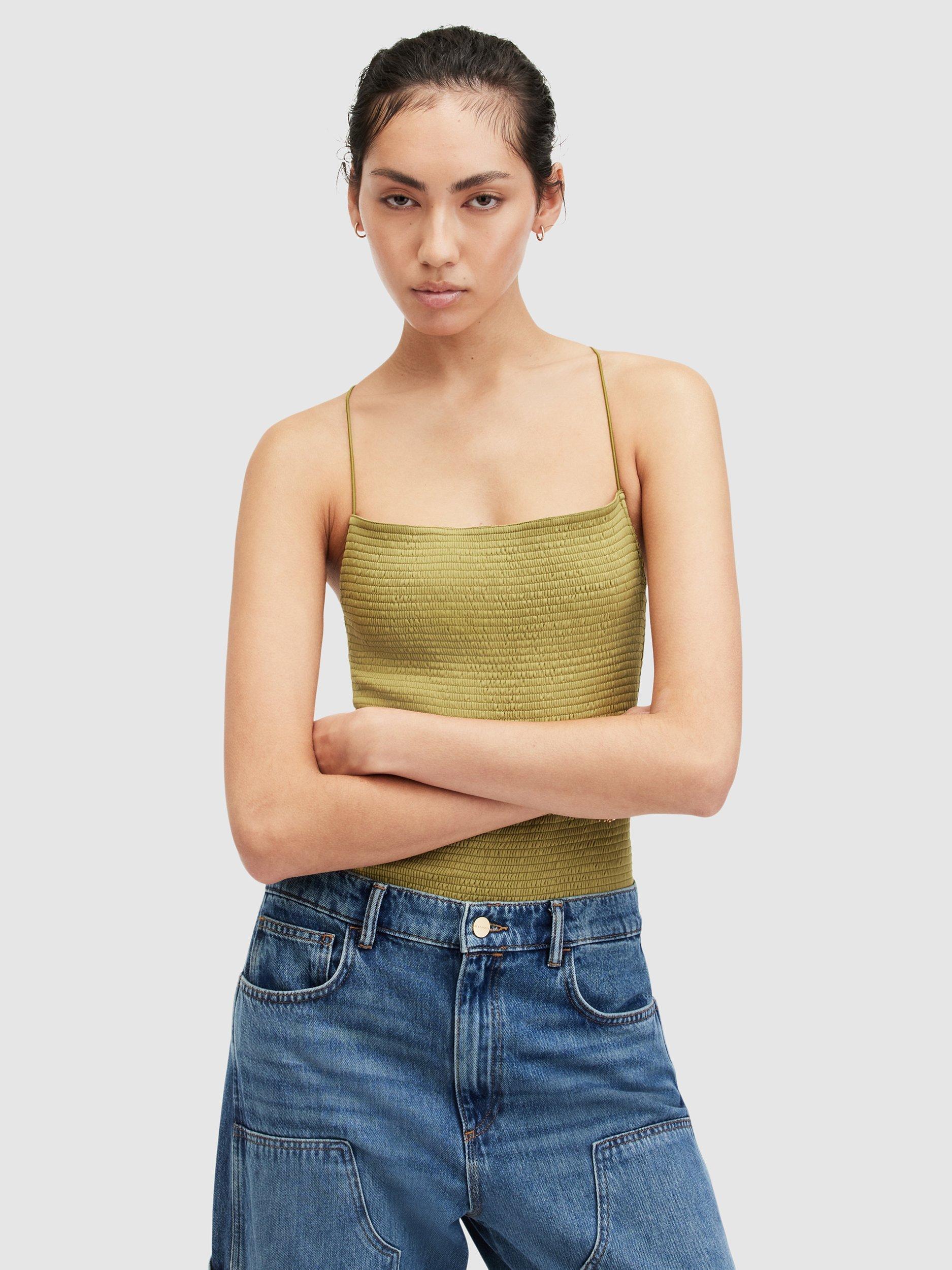 AllSaints Tilly Shirred Square Neck Bodysuit, Sap Green