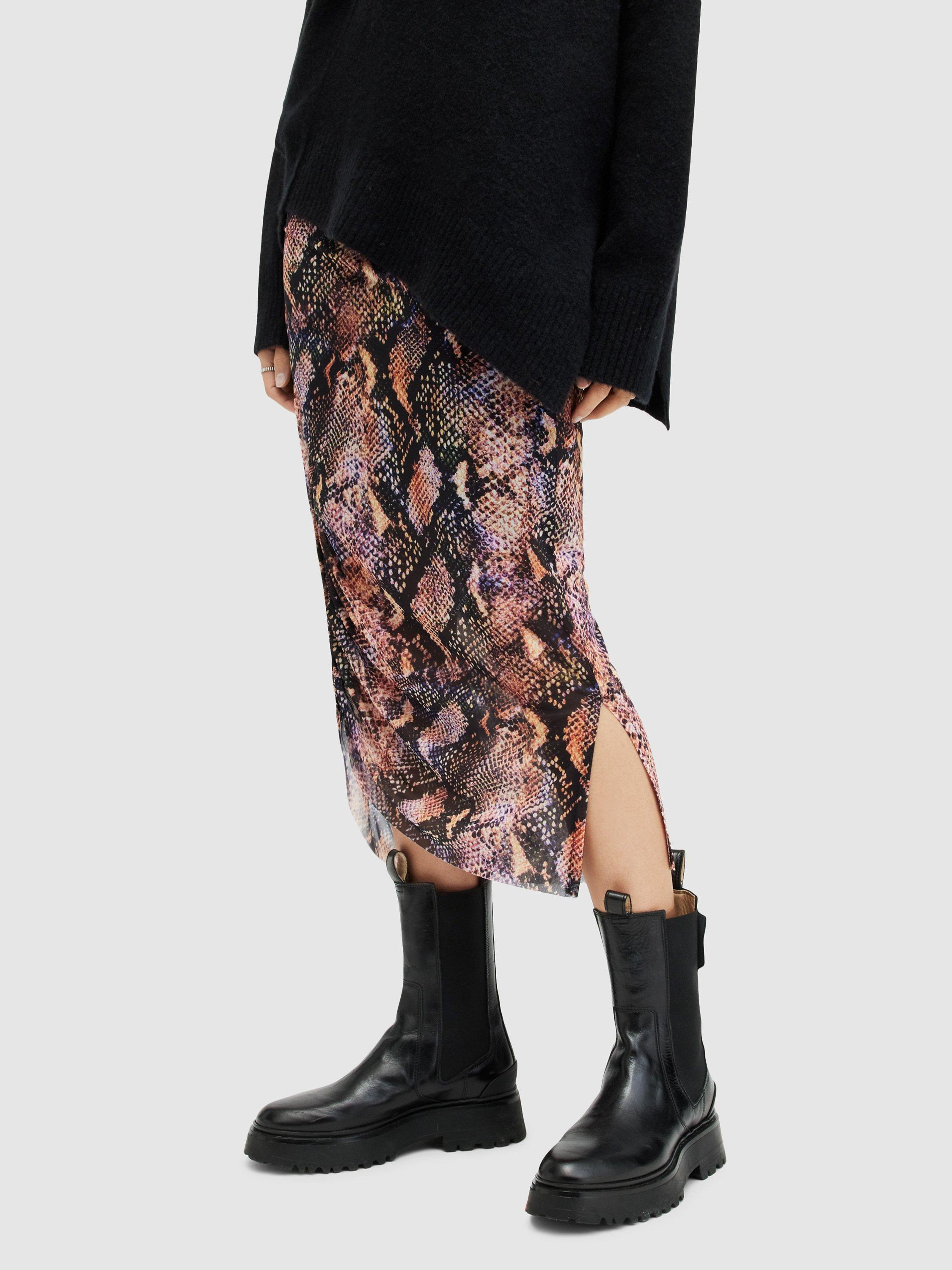 AllSaints Nora Tahoe Snake Print Midi Skirt, Tan Brown