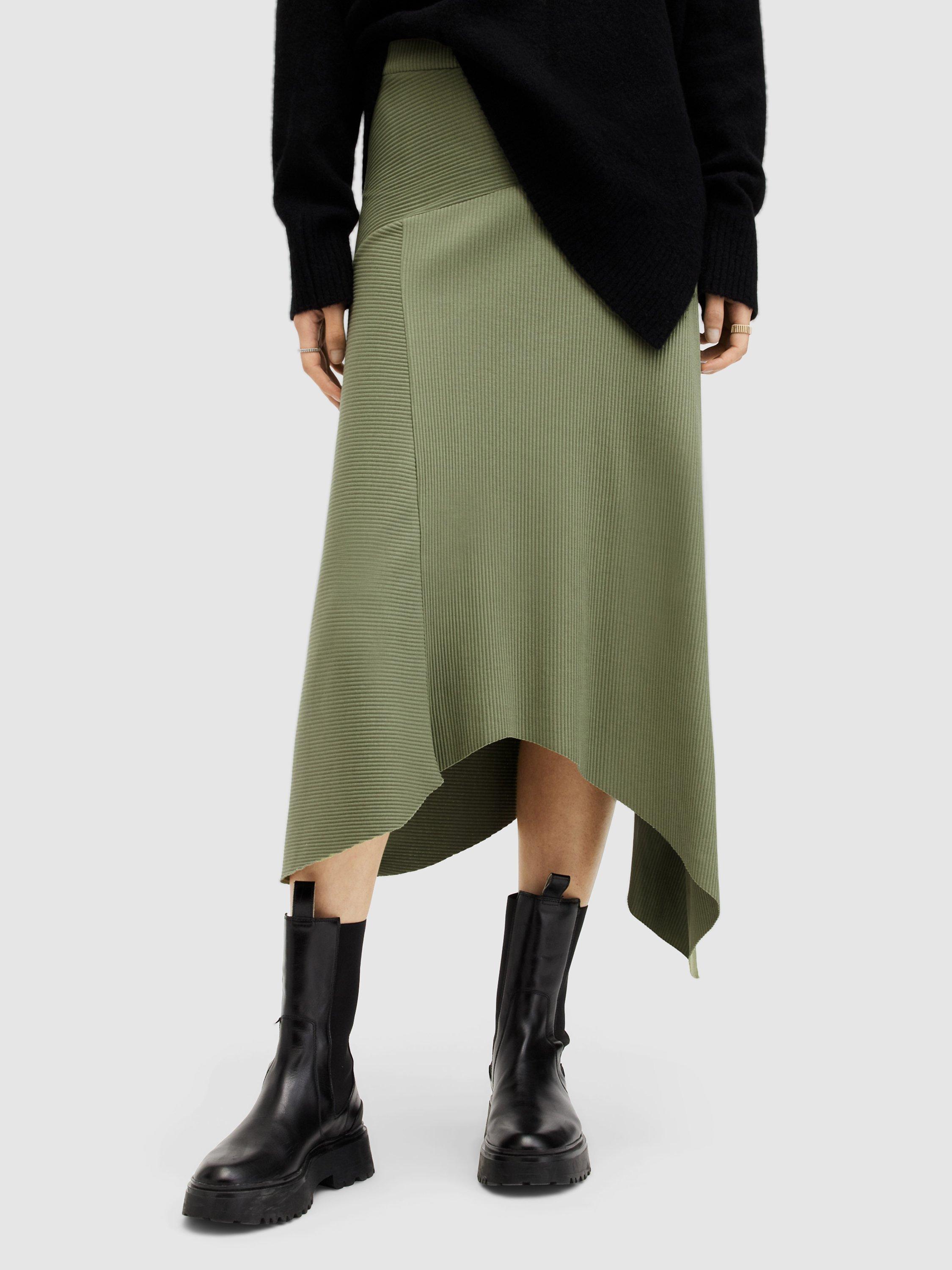 AllSaints Gia Asymmetric Ribbed Midi Skirt, Grass Green
