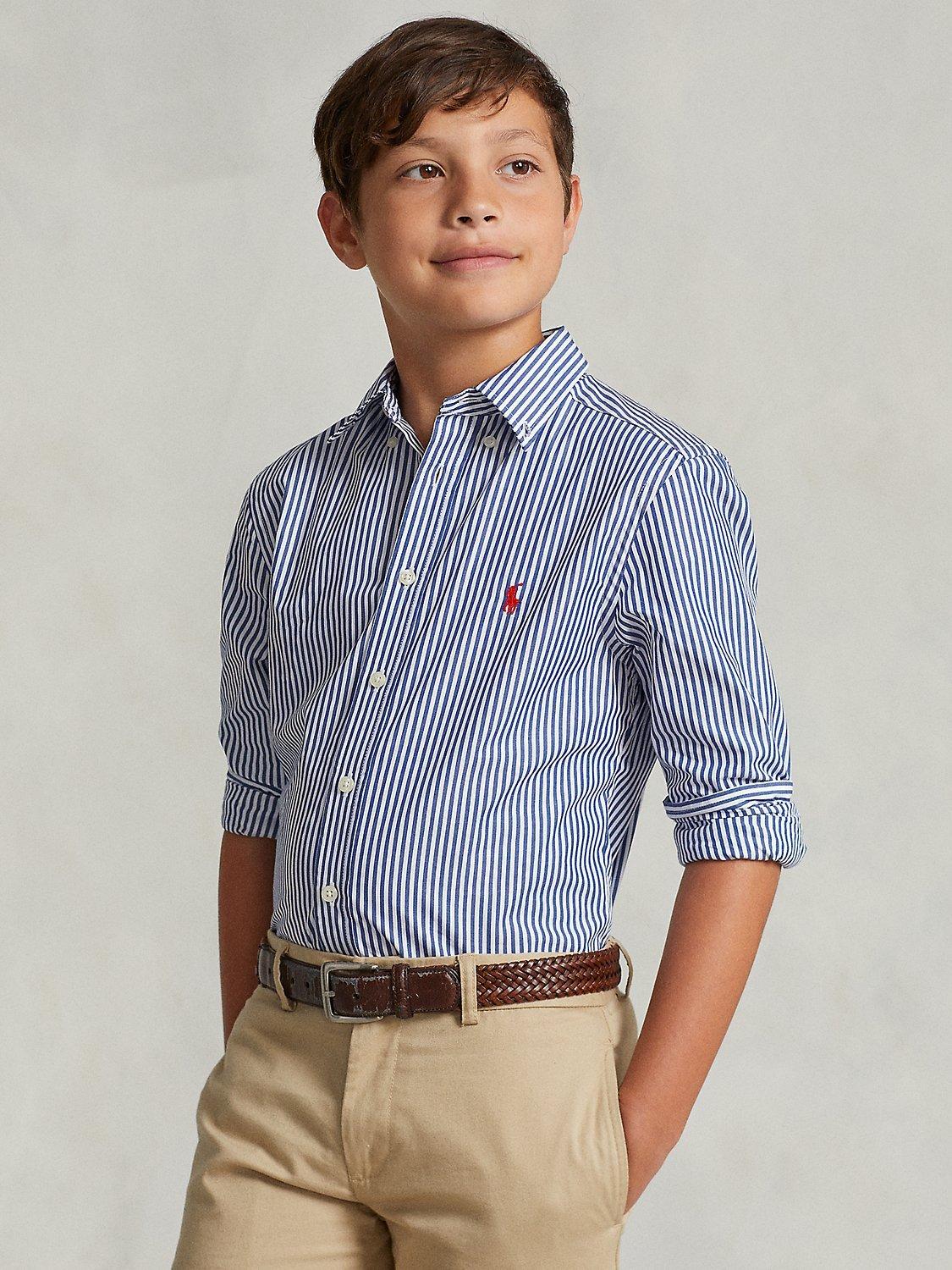 Product image 1 of 2, which shows Polo Ralph Lauren Kids' Signature Logo Stripe Sport Shirt, Navy/White, 4 years