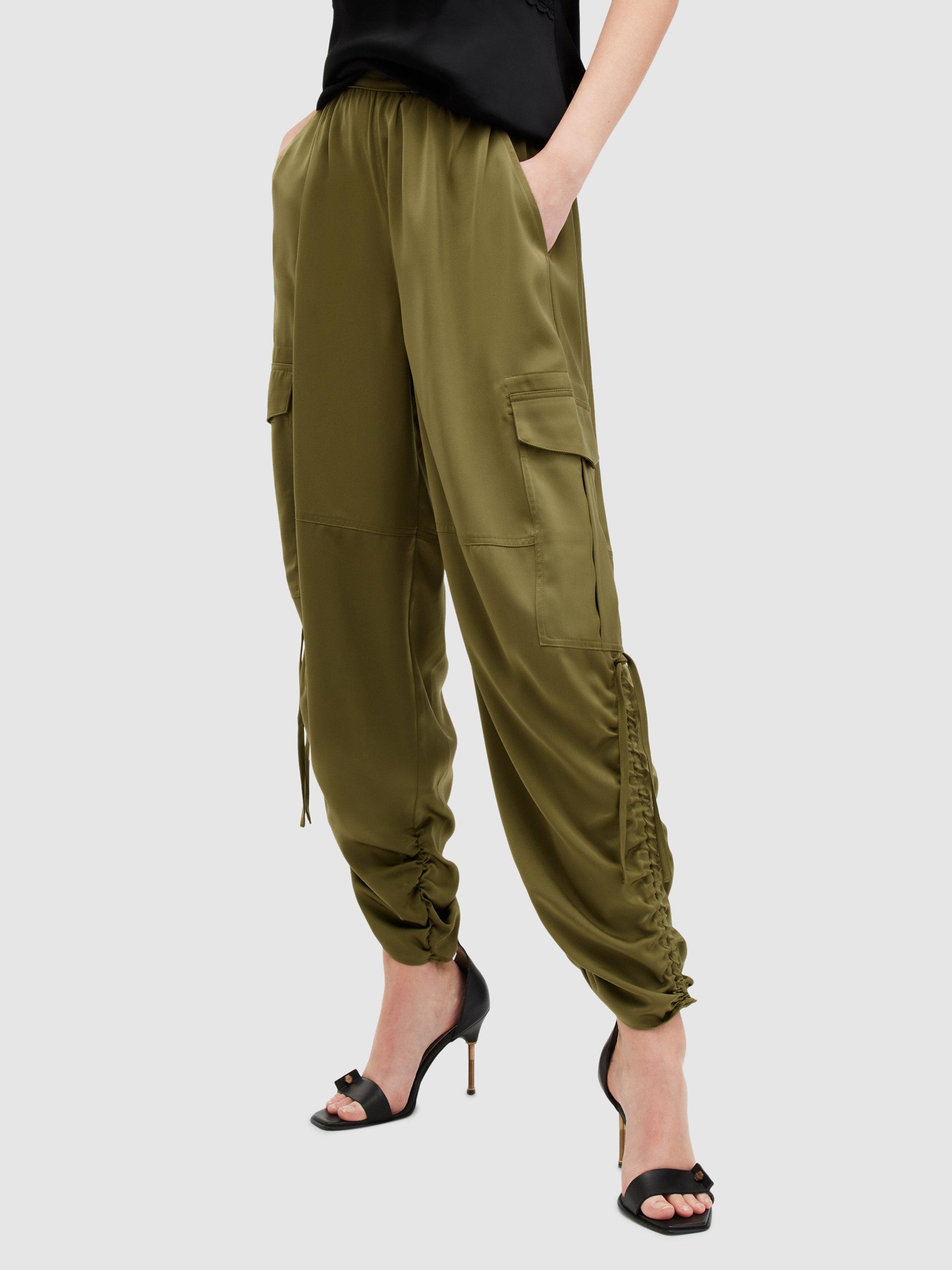 AllSaints Kaye Loose Fit Satin Cargo Trousers, Khaki Green
