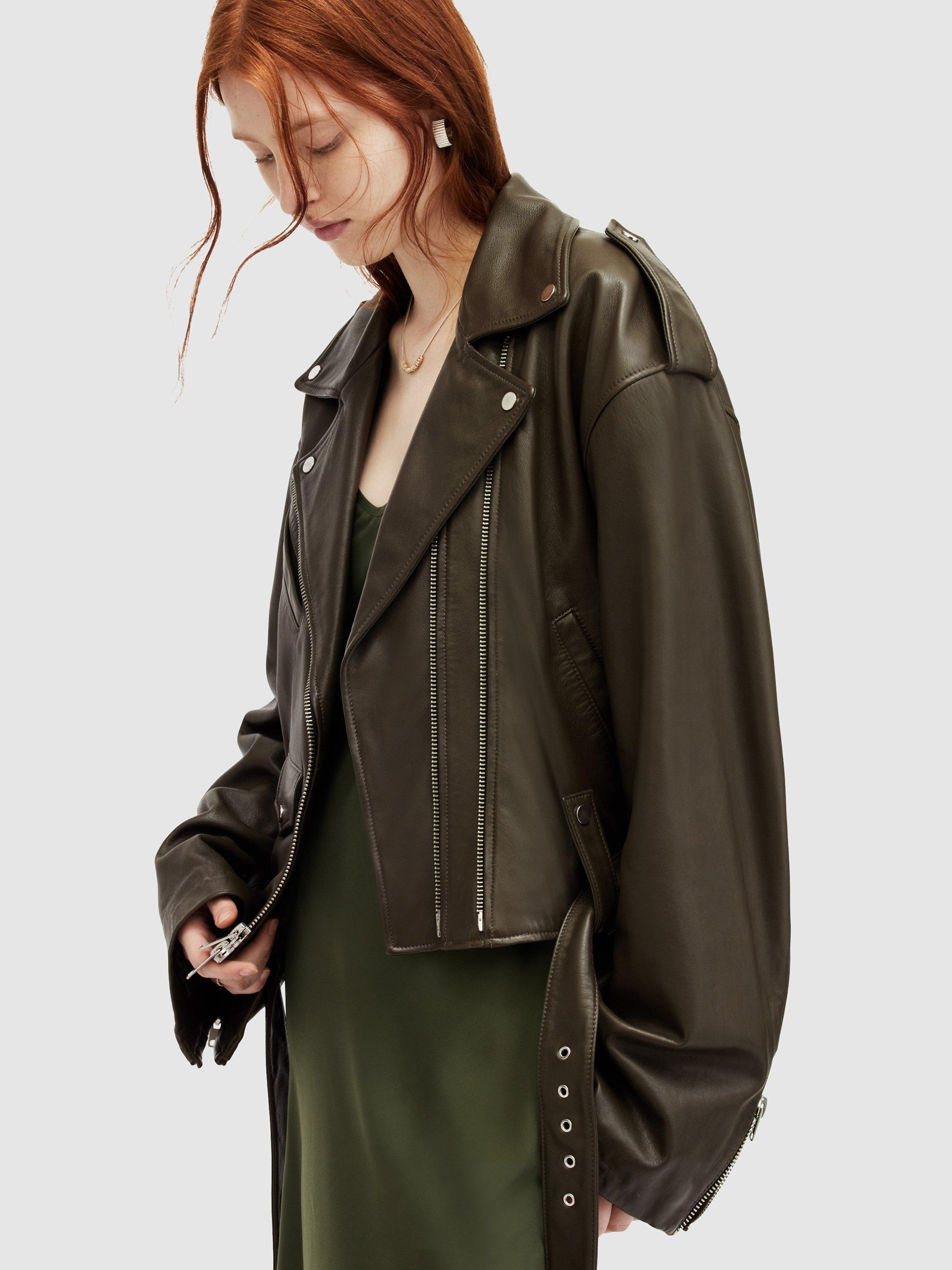 AllSaints Dayle Oversized Leather Biker Jacket, Army Green