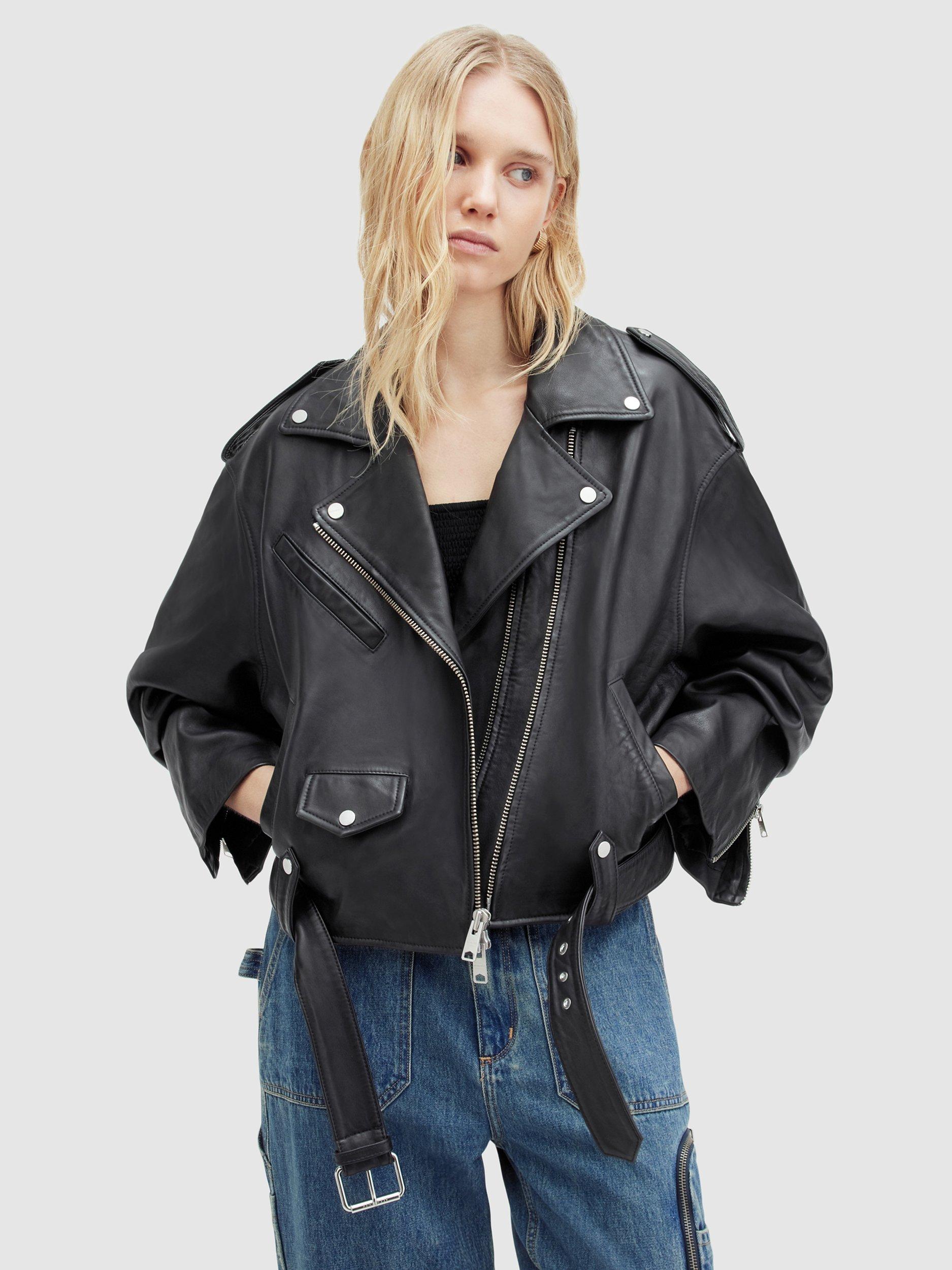 AllSaints Dayle Oversized Leather Biker Jacket, Black