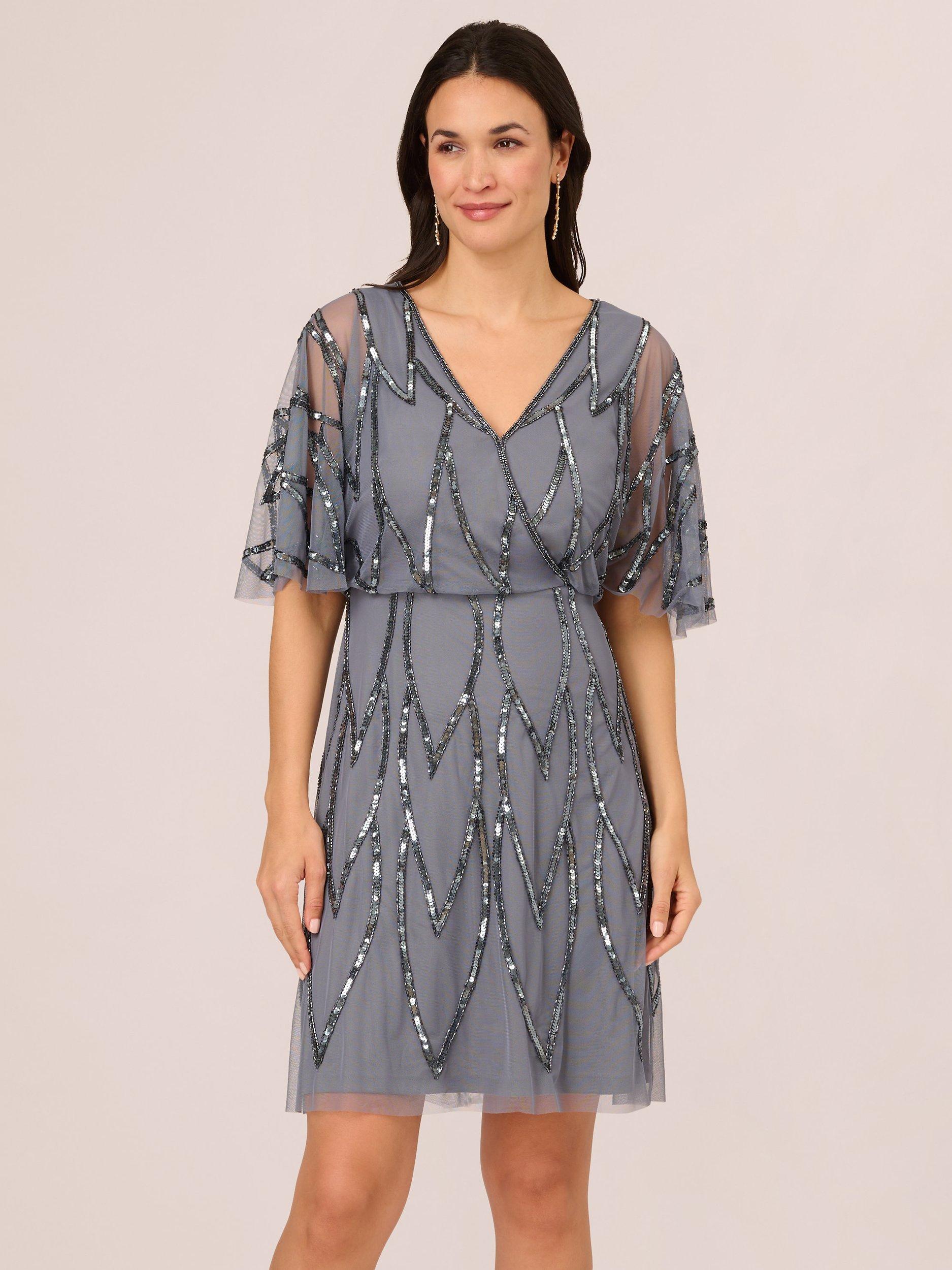 Adrianna Papell Papell Studio Beaded Mesh Wrap Dress Dusty Blue