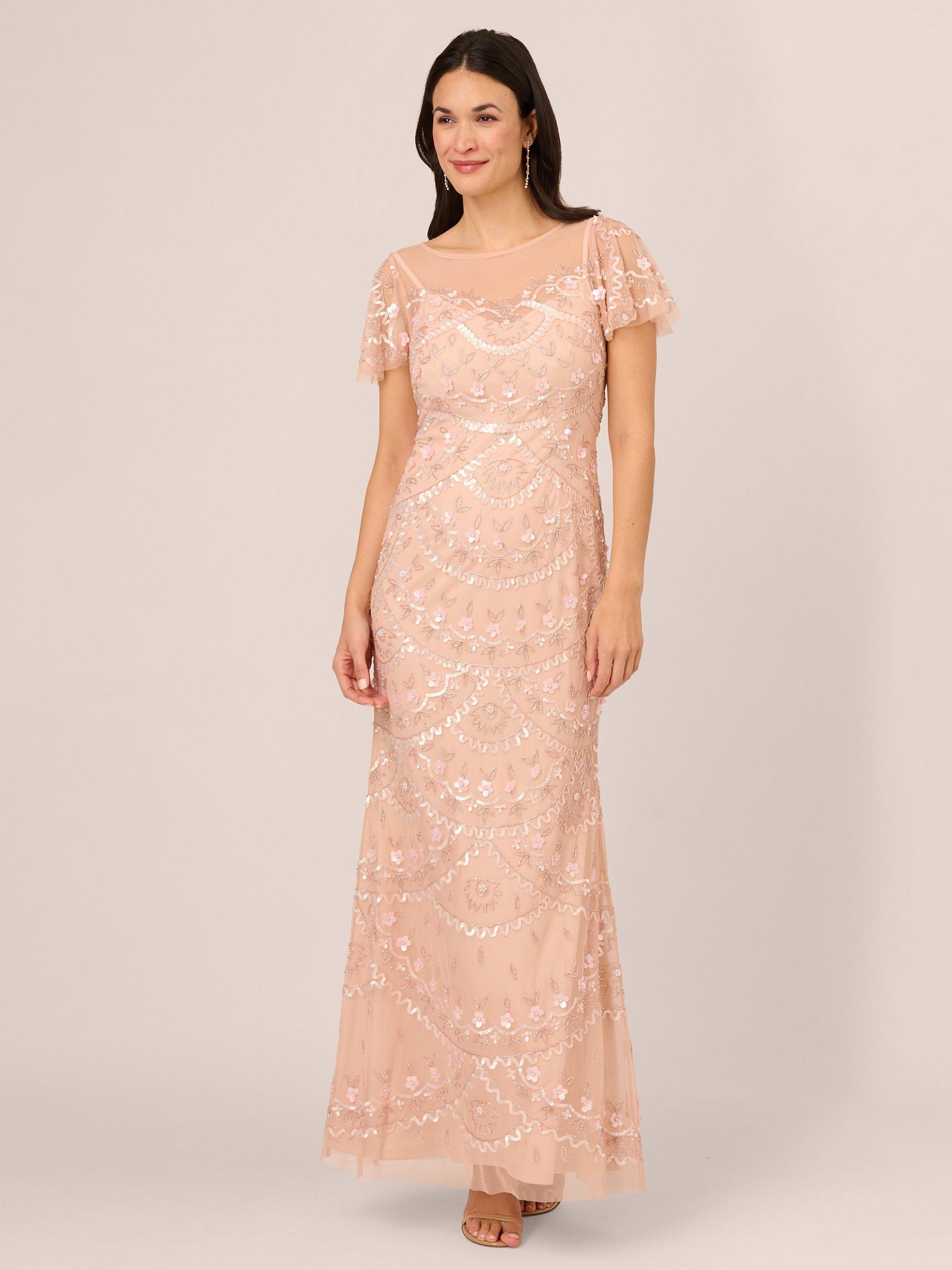 Adrianna Papell Beaded Flutter Sleeve Maxi Dress Blush