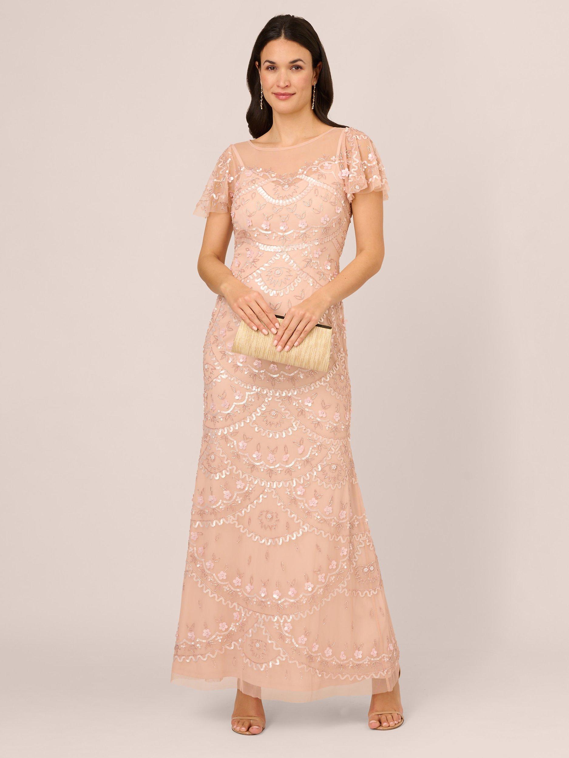 Adriana Papell Flutter Sleeve Beaded V Neck Blush Maxi Dress sale Size 2