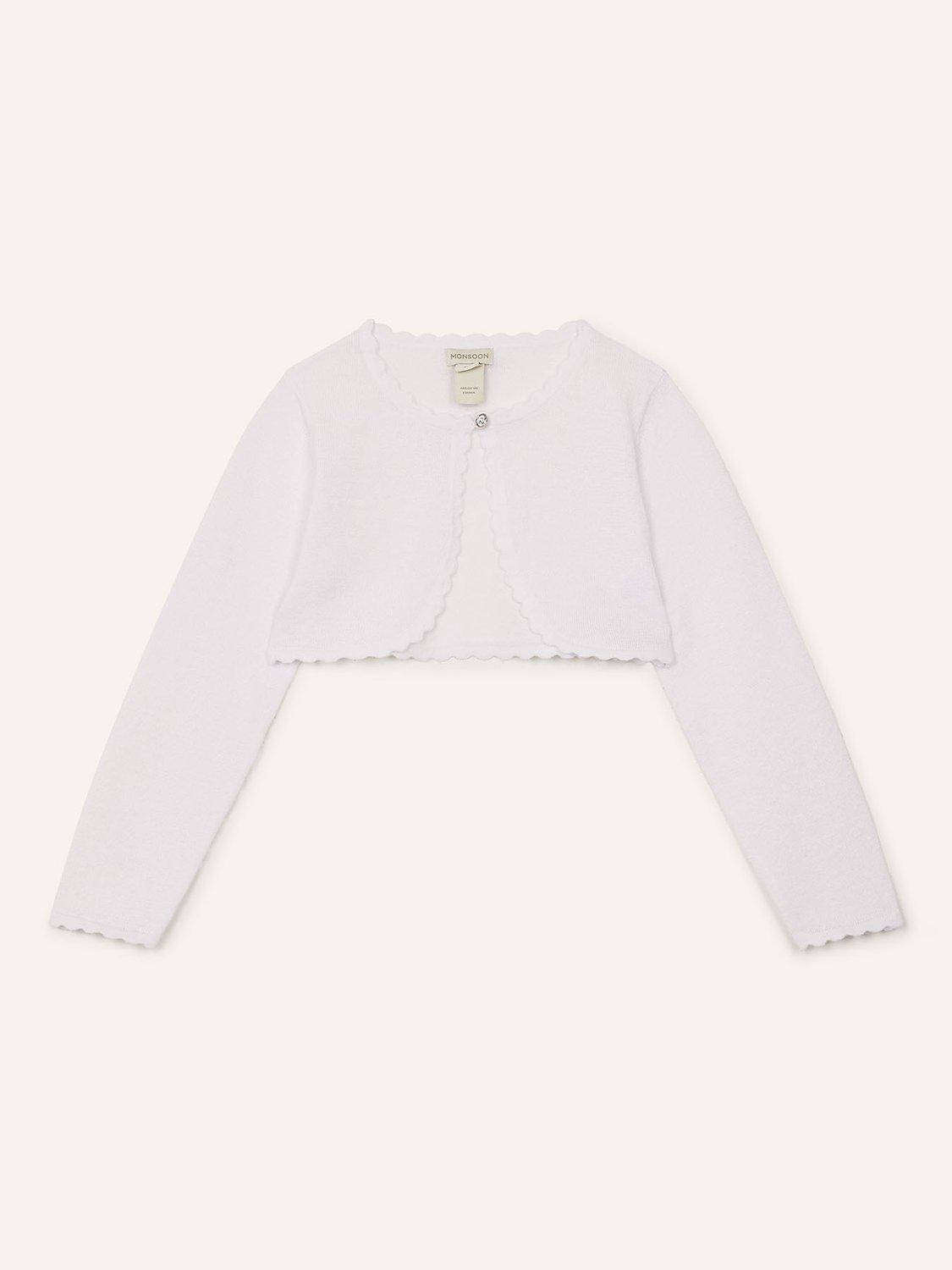 Product image 1 of 3, which shows Monsoon Kids' Niamh Scalloped Cardigan, White, 3-4 years
