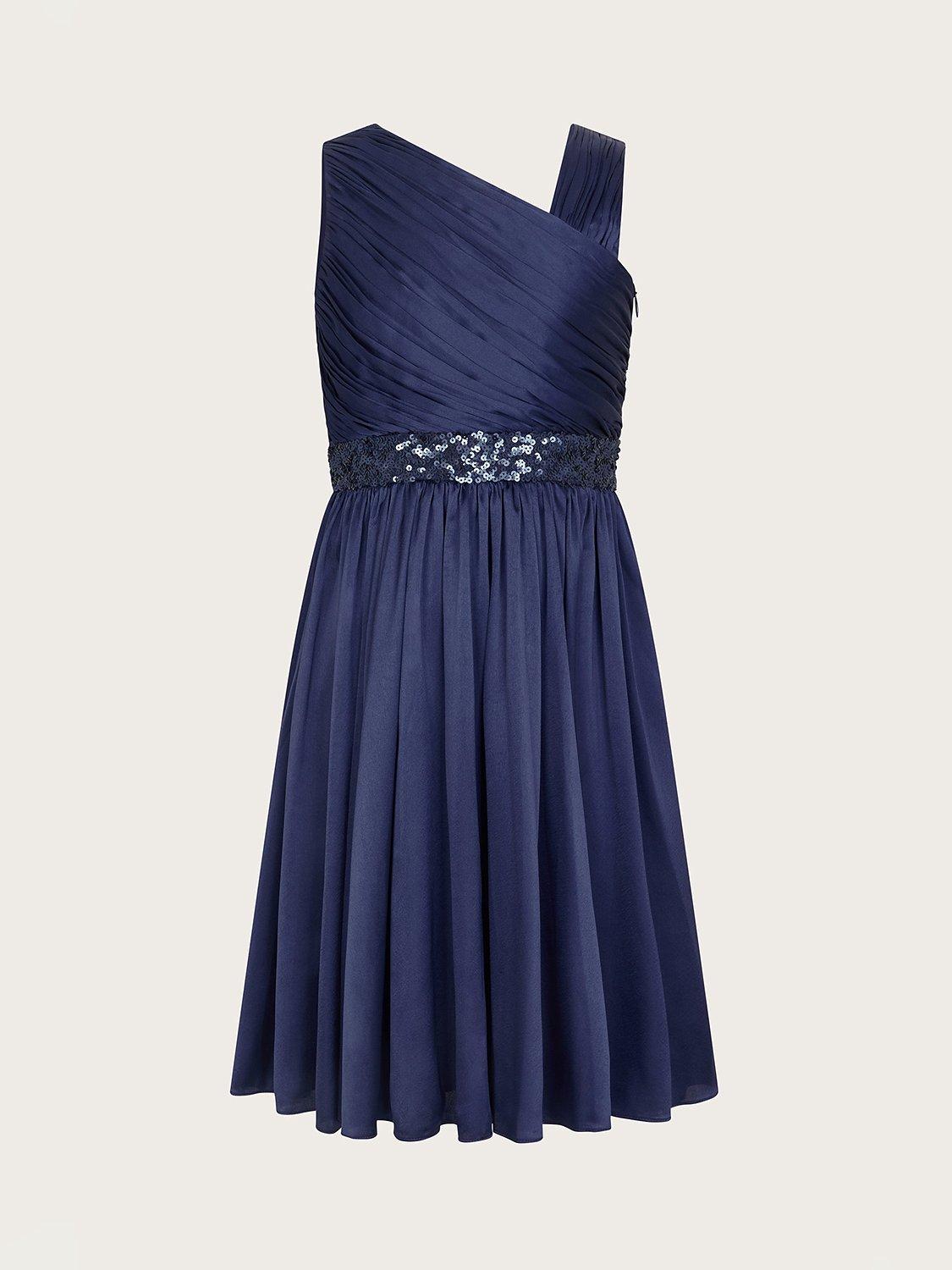 Monsoon Kids' Abigail Satin One Shoulder Occasion Dress, Navy