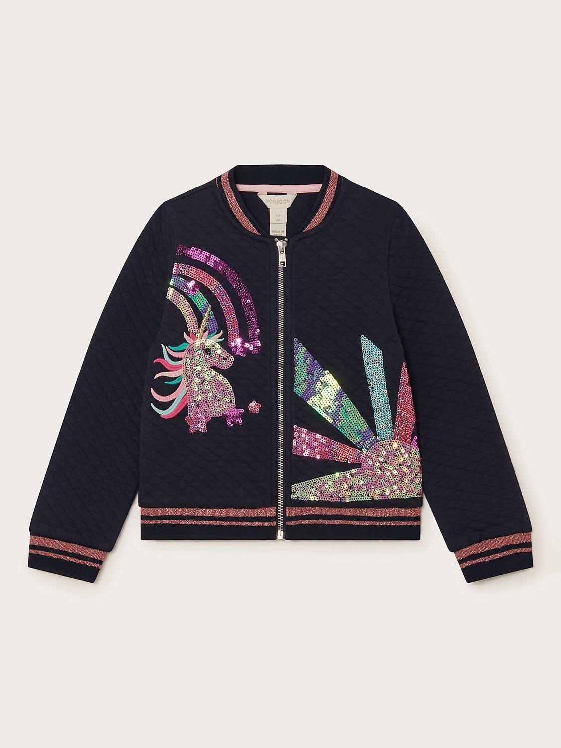 Monsoon Kids' Unicorn Sequin Bomber Jacket, Navy