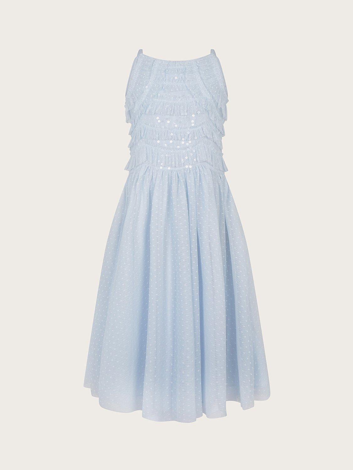 Monsoon Kids' Truth Ruffle Sequin Occasion Dress, Pale Blue