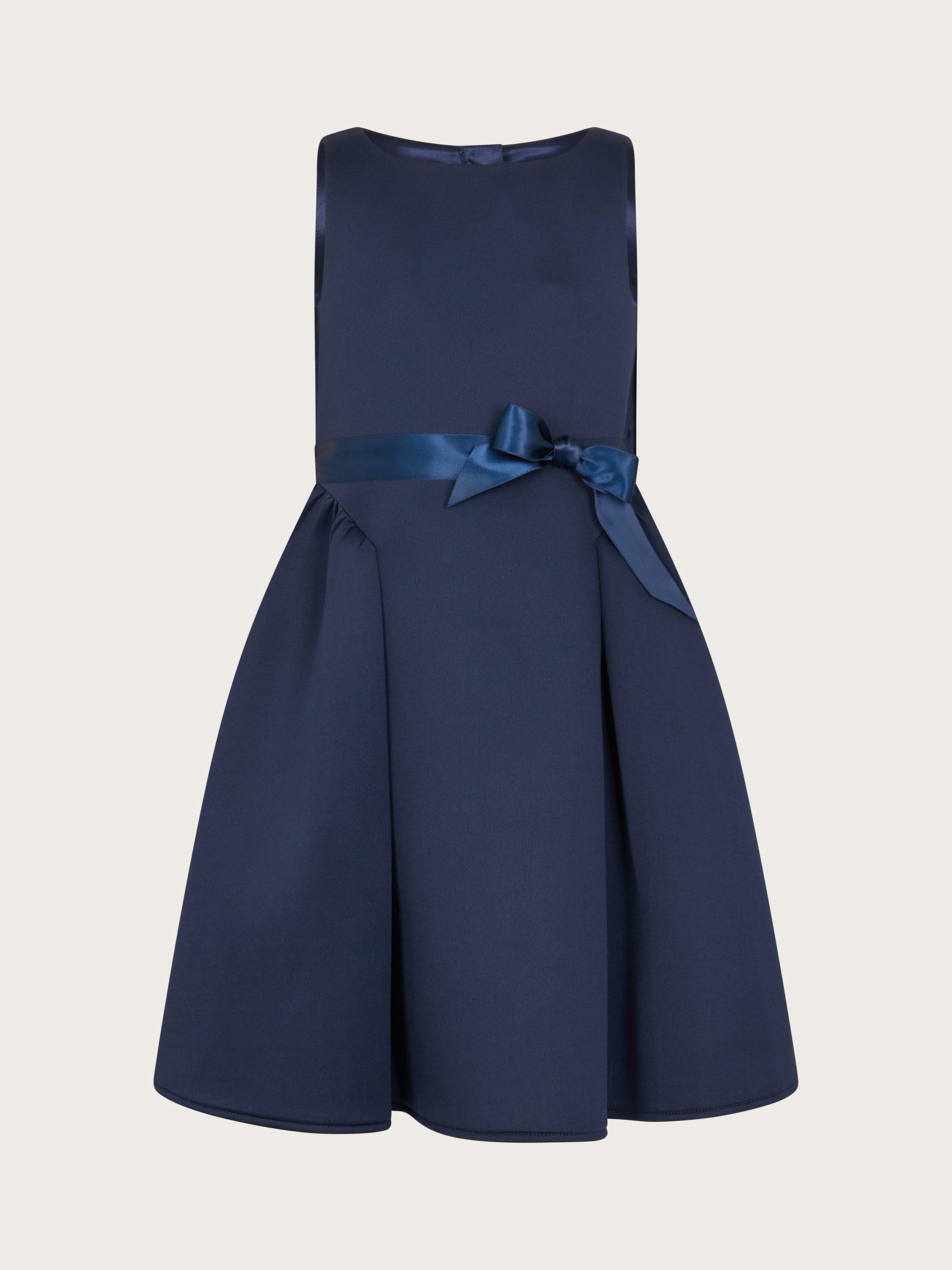 Product image 1 of 3, which shows Monsoon Kids' Holly Scuba Bow Detail Bridesmaids Dress, Navy, 3 years