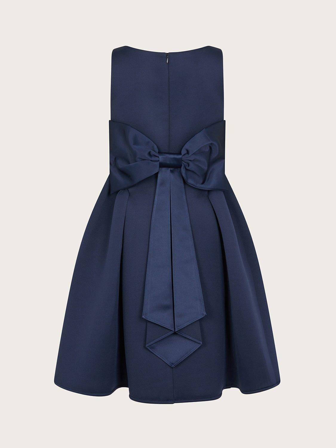 Product image 2 of 3, which shows Monsoon Kids' Holly Scuba Bow Detail Bridesmaids Dress, Navy, 3 years