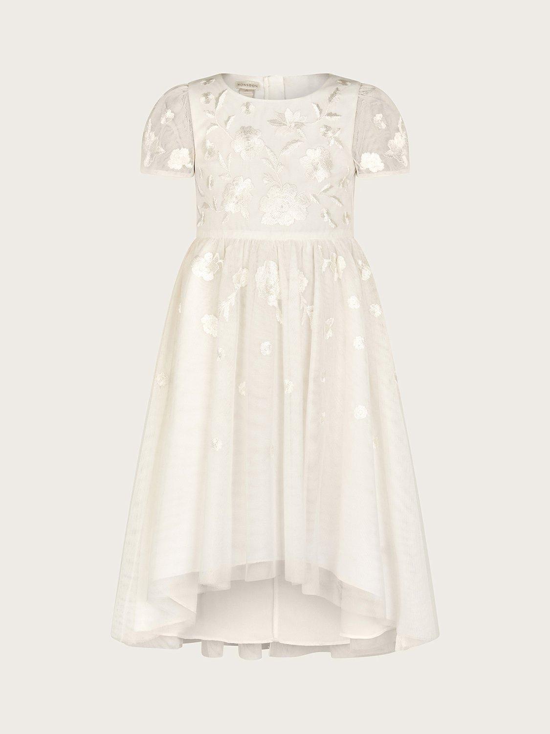 Monsoon Kids' Luna Embroidered Dip Hem Occasion Dress, Ivory